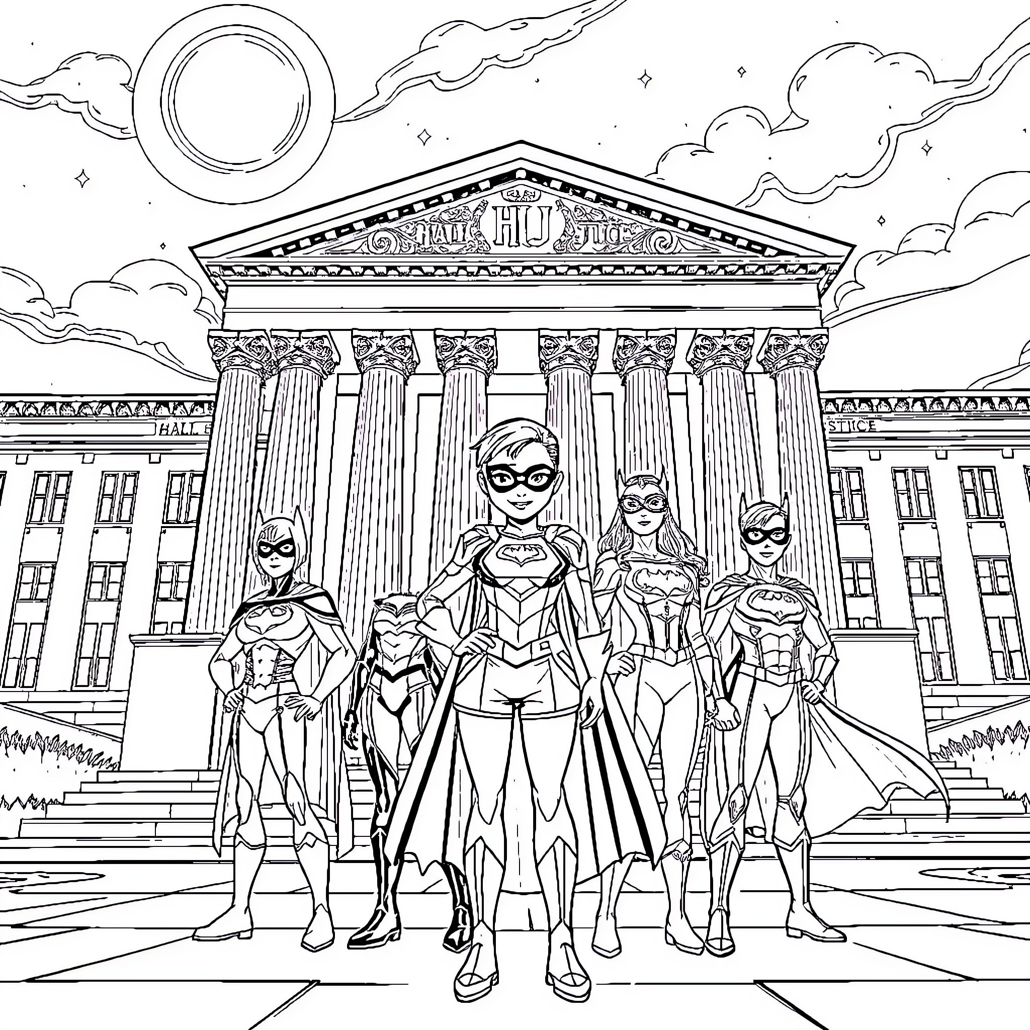 Kat and the Superhero Squad at the Capitol Coloring Page (free black-and-white line drawing printable PDF for all, from beginners to advanced learners, including children, teens, adults, and seniors)
