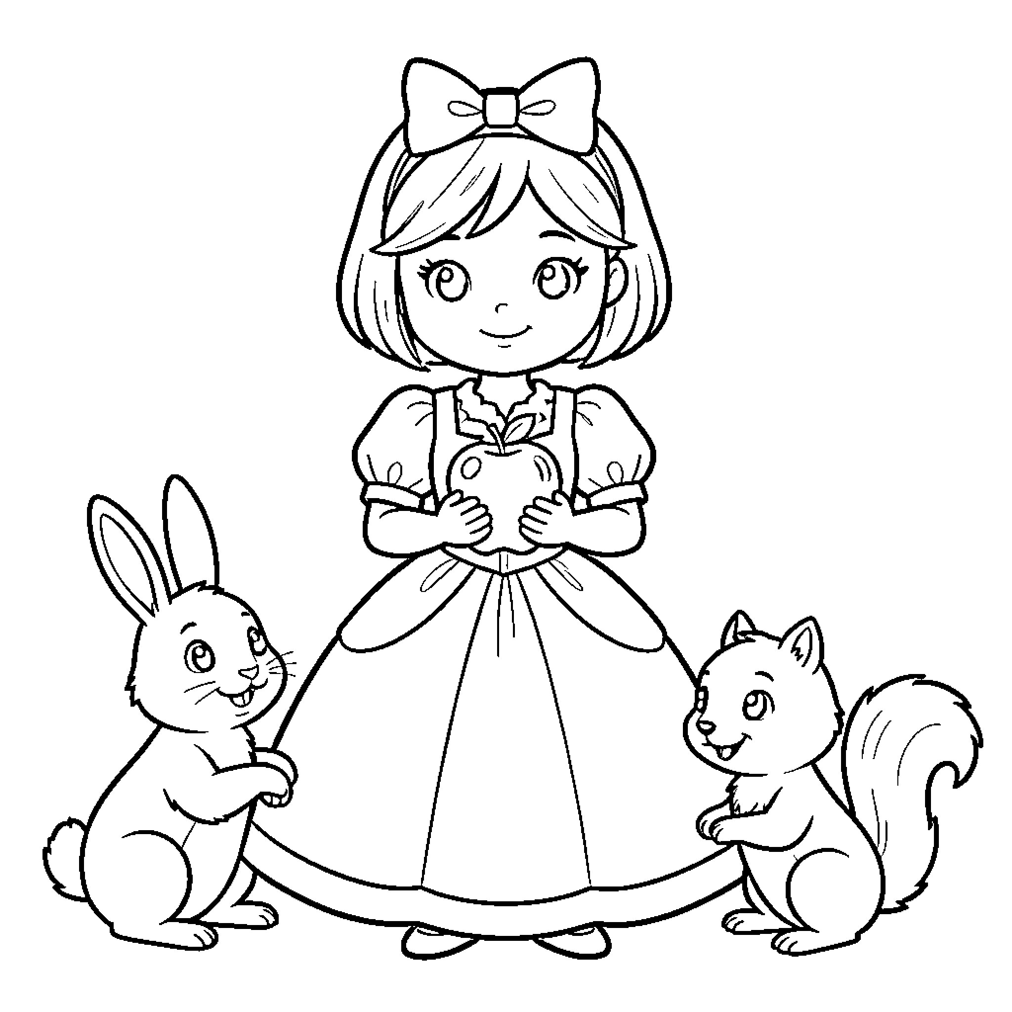 Snow Princess interacting with forest friends Coloring Page (free black-and-white line drawing printable PDF for all, from beginners to advanced learners, including children, teens, adults, and seniors)