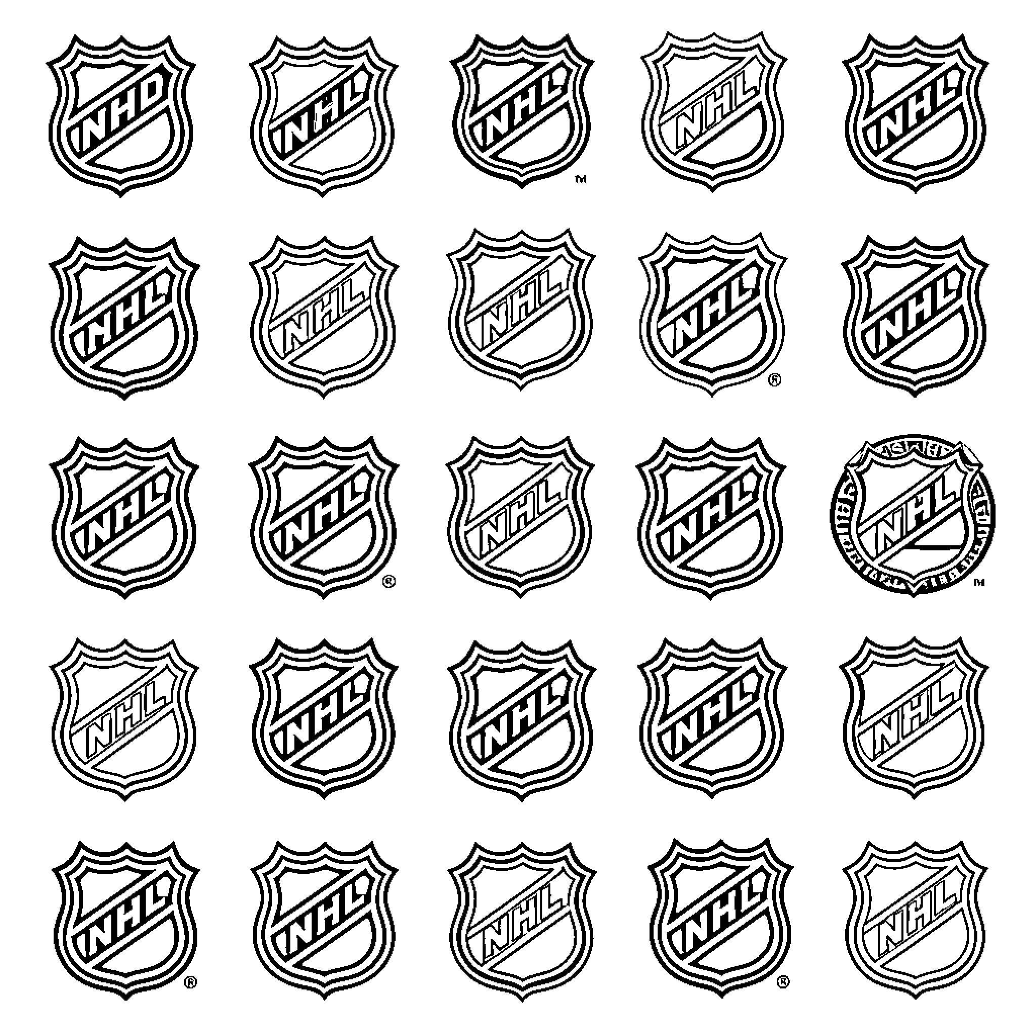 NHL Team Logo collection displayed in a grid pattern Coloring Page (free black-and-white line drawing printable PDF for all, from beginners to advanced learners, including children, teens, adults, and seniors)