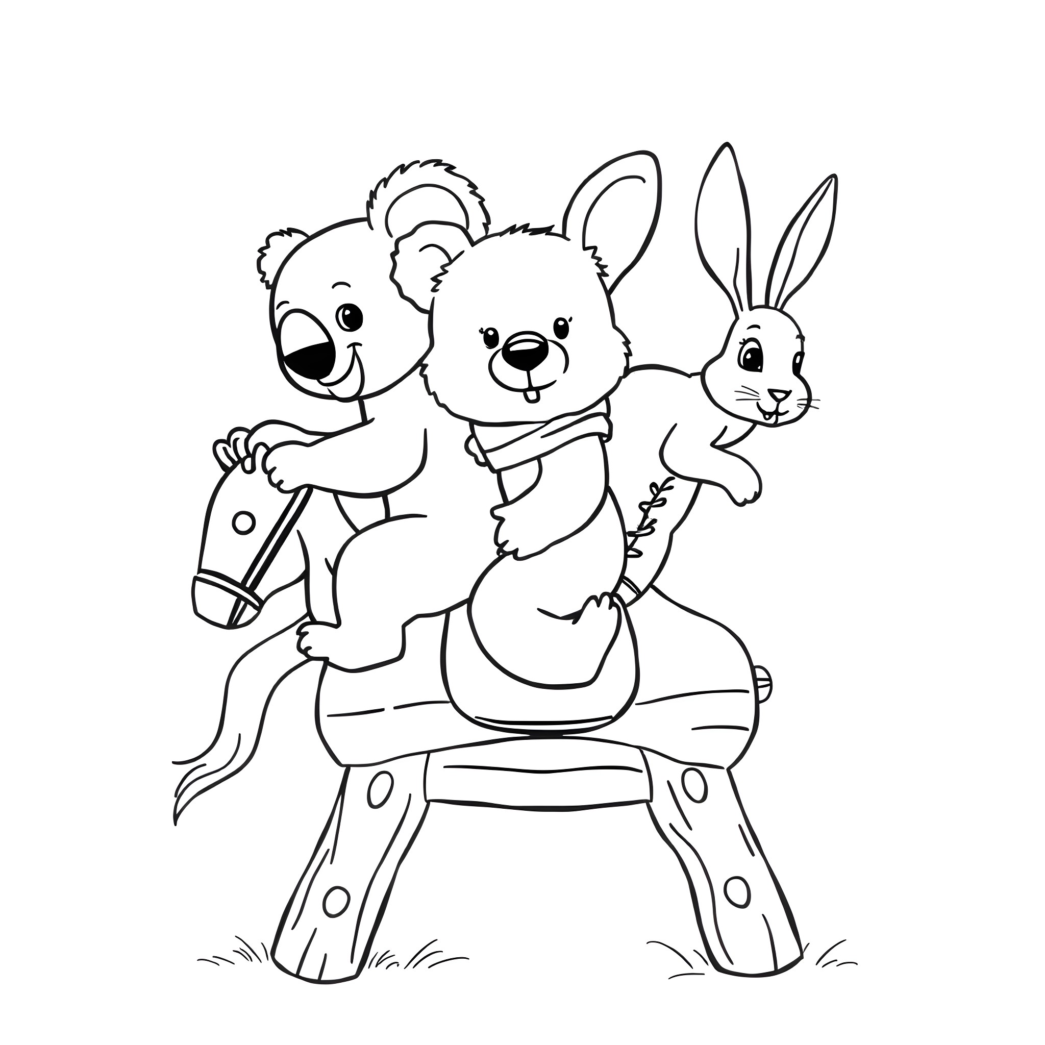 Koala, bear, and rabbit playing on rocking horse Coloring Page (free black-and-white line drawing printable PDF for all, from beginners to advanced learners, including children, teens, adults, and seniors)