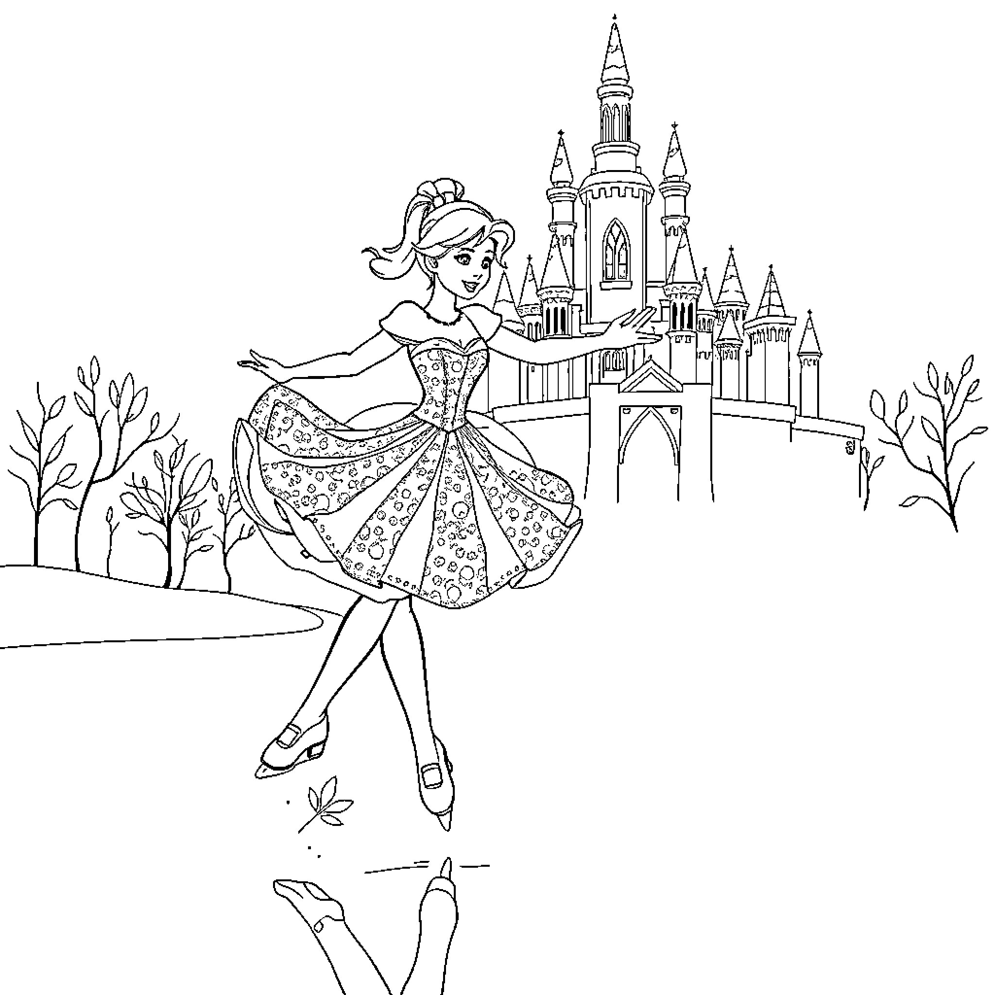 Cinderella dancing gracefully in front of the enchanted castle Coloring Page (free black-and-white line drawing printable PDF for all, from beginners to advanced learners, including children, teens, adults, and seniors)