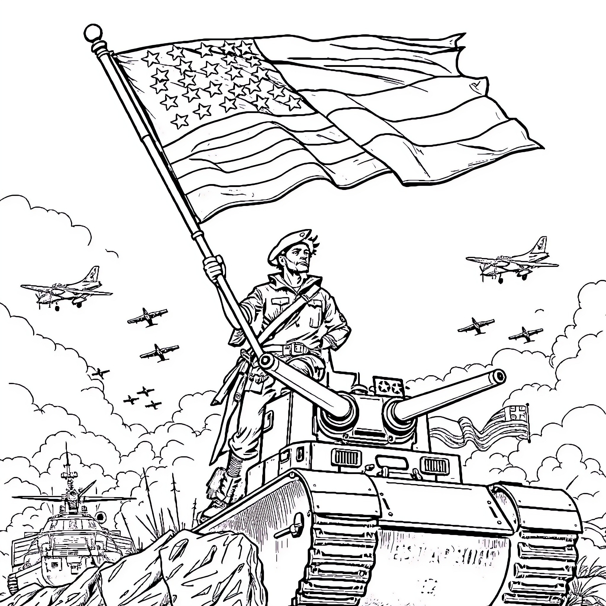 Hombre patriotically waving American flag on military tank Coloring Page (free black-and-white line drawing printable PDF for all, from beginners to advanced learners, including children, teens, adults, and seniors)