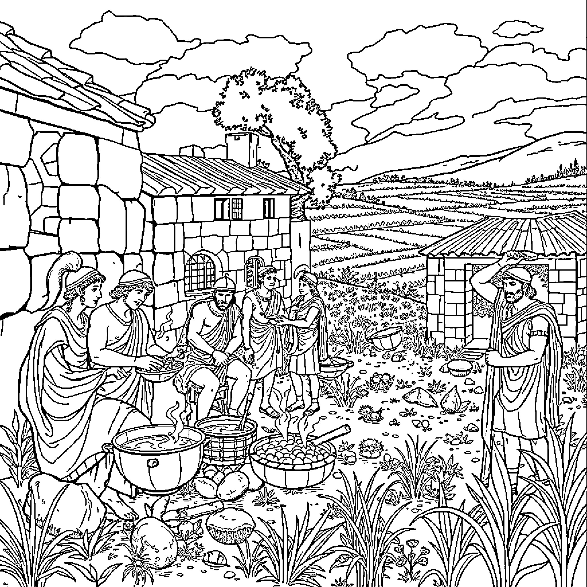 Etruscan Farmers Harvesting Crops in Countryside Coloring Page (free black-and-white line drawing printable PDF for all, from beginners to advanced learners, including children, teens, adults, and seniors)