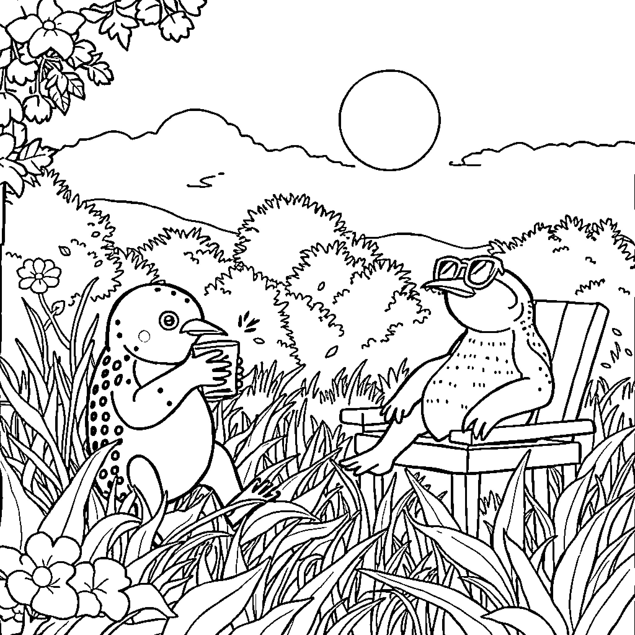 Carpincho enjoying the outdoors with friends Coloring Page (free black-and-white line drawing printable PDF for all, from beginners to advanced learners, including children, teens, adults, and seniors)