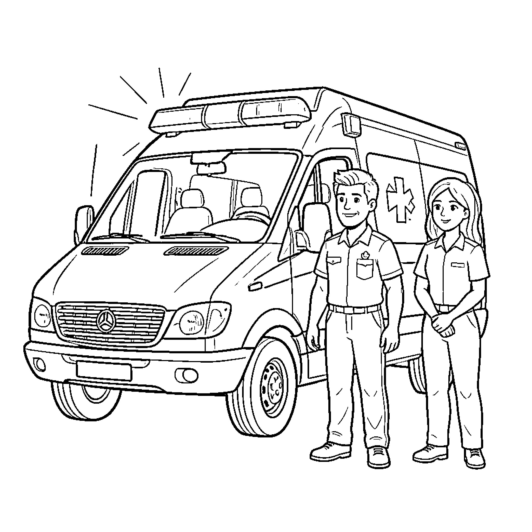 Ambulance staff responding to emergency call Coloring Page (free black-and-white line drawing printable PDF for all, from beginners to advanced learners, including children, teens, adults, and seniors)