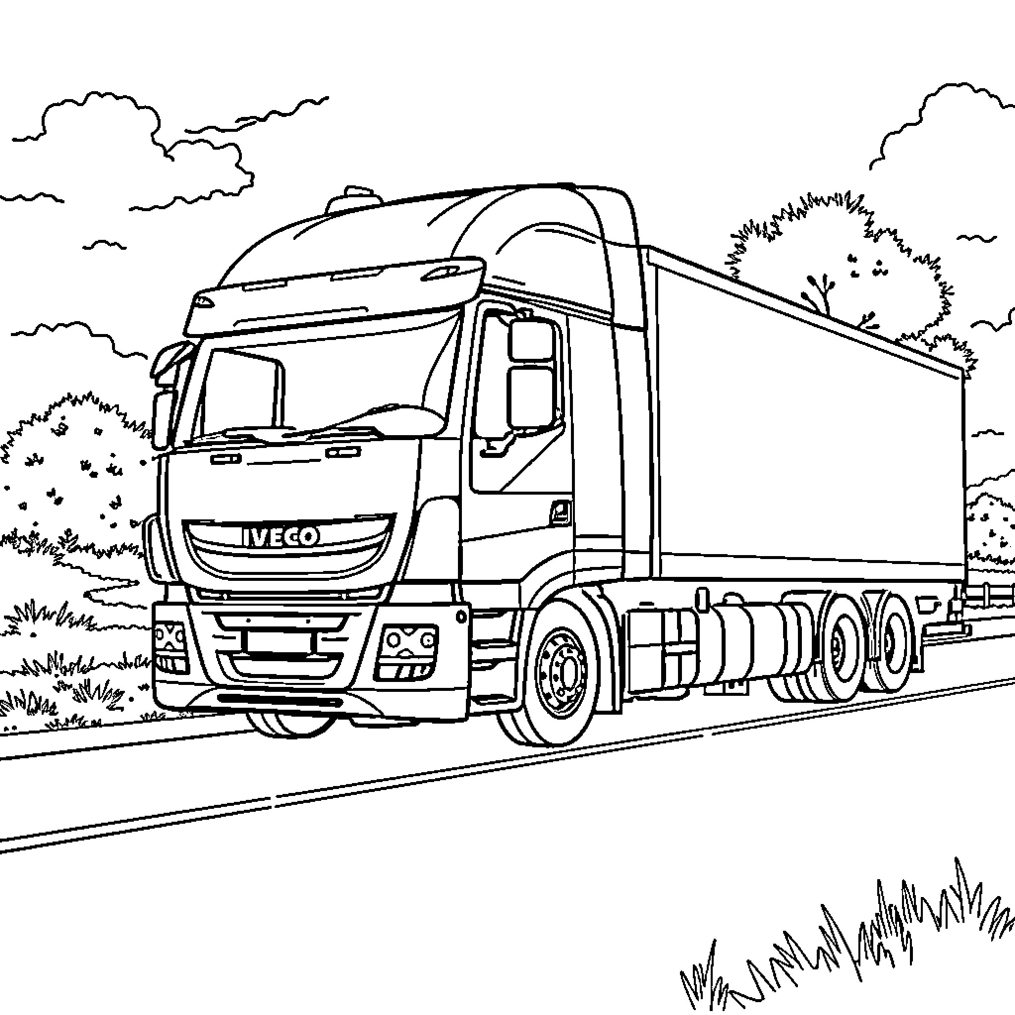Iveco Stralis Truck Driving on Rural Road Coloring Page (free black-and-white line drawing printable PDF for all, from beginners to advanced learners, including children, teens, adults, and seniors)