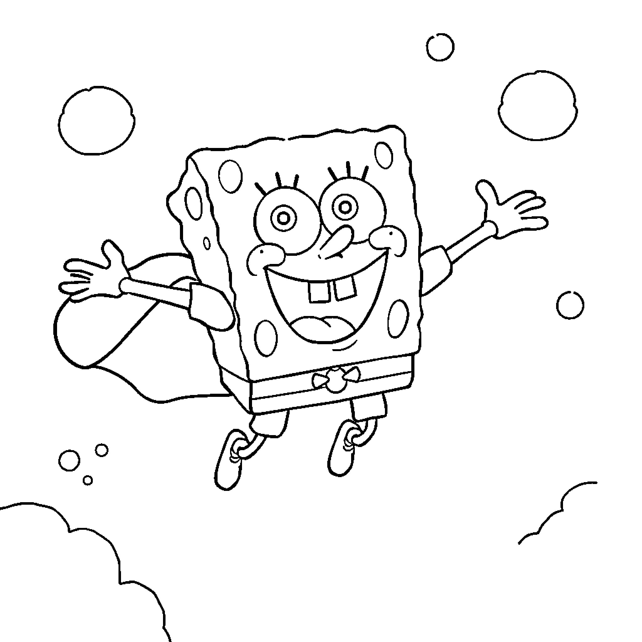Spongebob joyfully jumping in the clouds Coloring Page (free black-and-white line drawing printable PDF for all, from beginners to advanced learners, including children, teens, adults, and seniors)