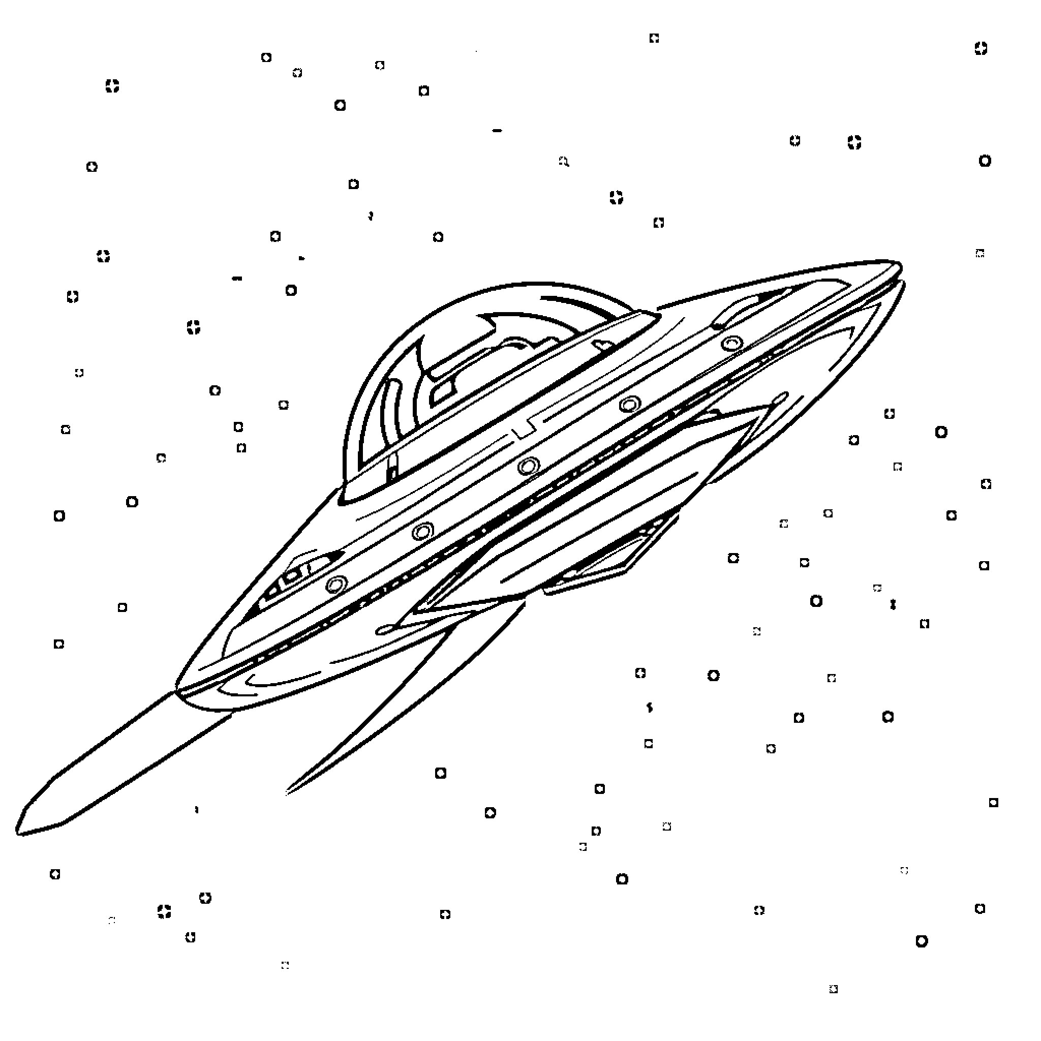 UFO soaring through the starry night sky Coloring Page (free black-and-white line drawing printable PDF for all, from beginners to advanced learners, including children, teens, adults, and seniors)