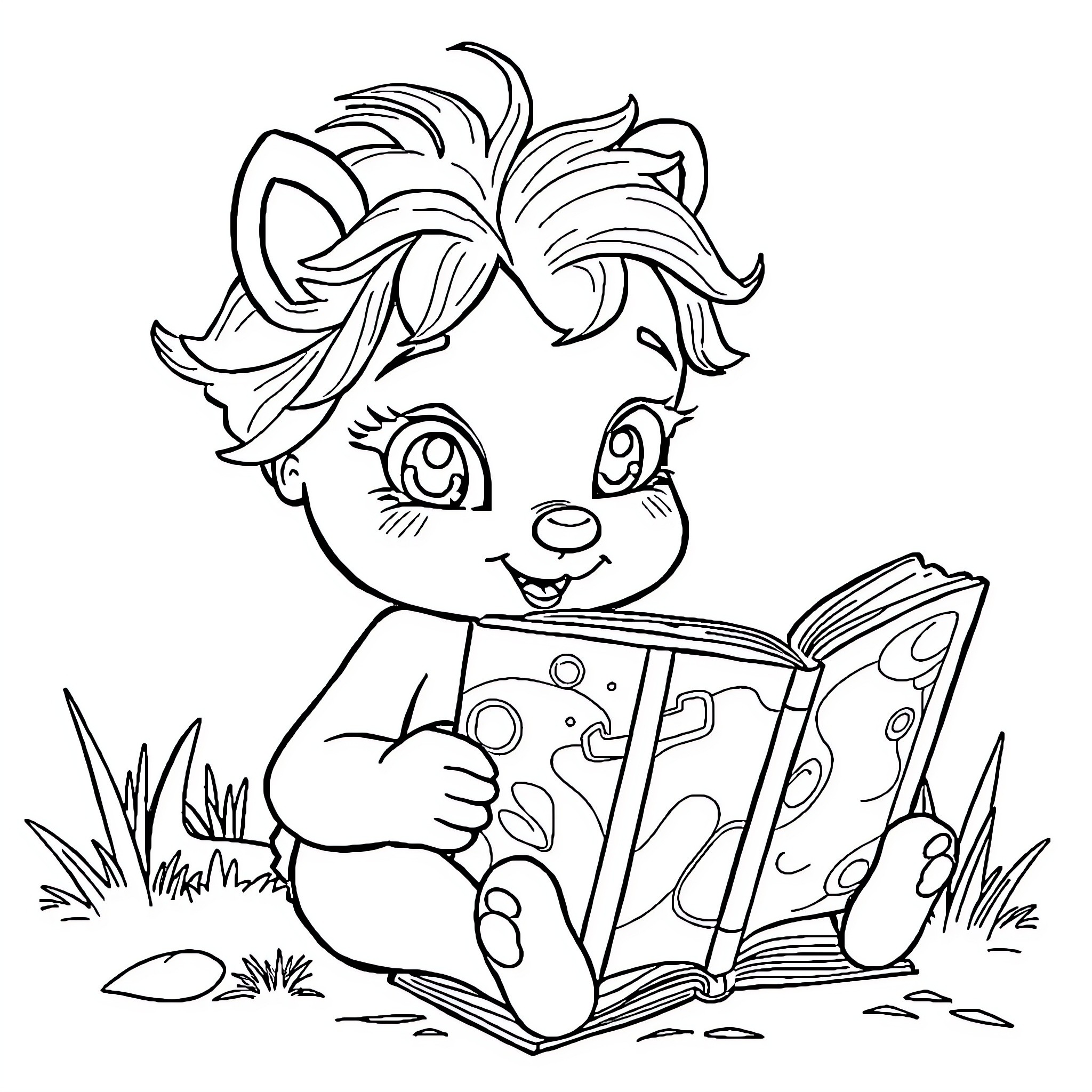 Nina Reading a Storybook in the Meadow Coloring Page (free black-and-white line drawing printable PDF for all, from beginners to advanced learners, including children, teens, adults, and seniors)