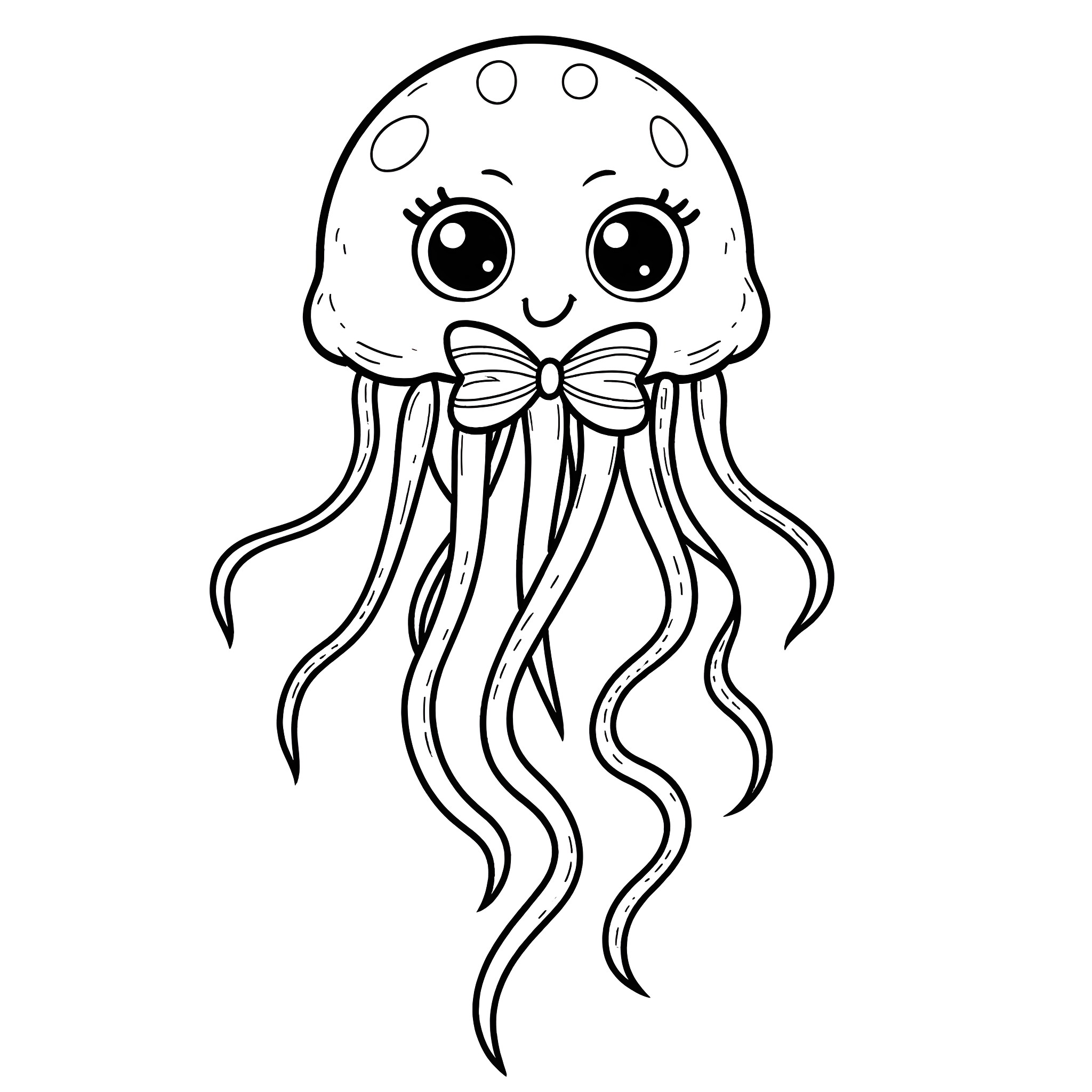 Jellyfish with a bow tie and happy expression Coloring Page (free black-and-white line drawing printable PDF for all, from beginners to advanced learners, including children, teens, adults, and seniors)