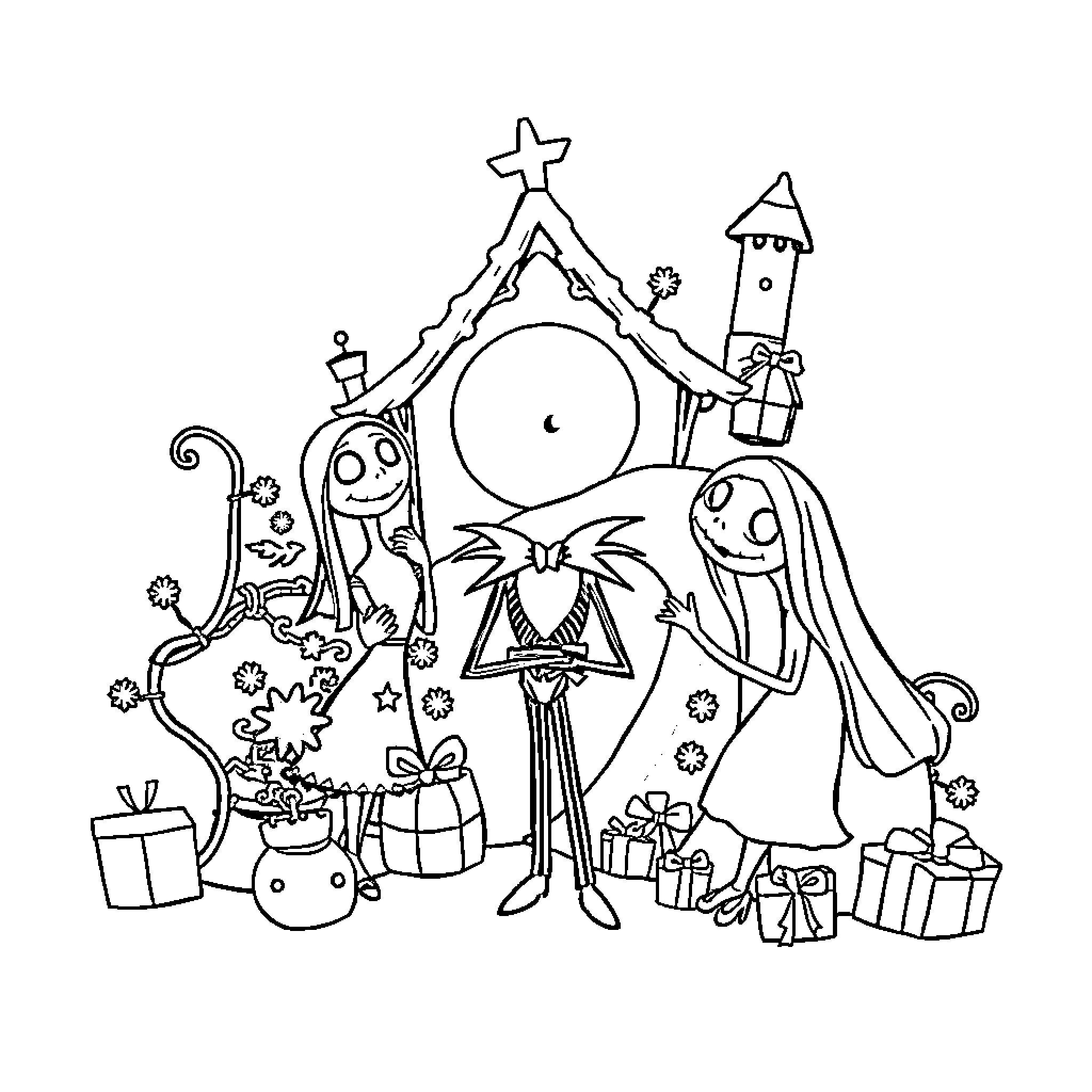 Nightmare Before Christmas: Quirky characters and festive scenes Coloring Page (free black-and-white line drawing printable PDF for all, from beginners to advanced learners, including children, teens, adults, and seniors)