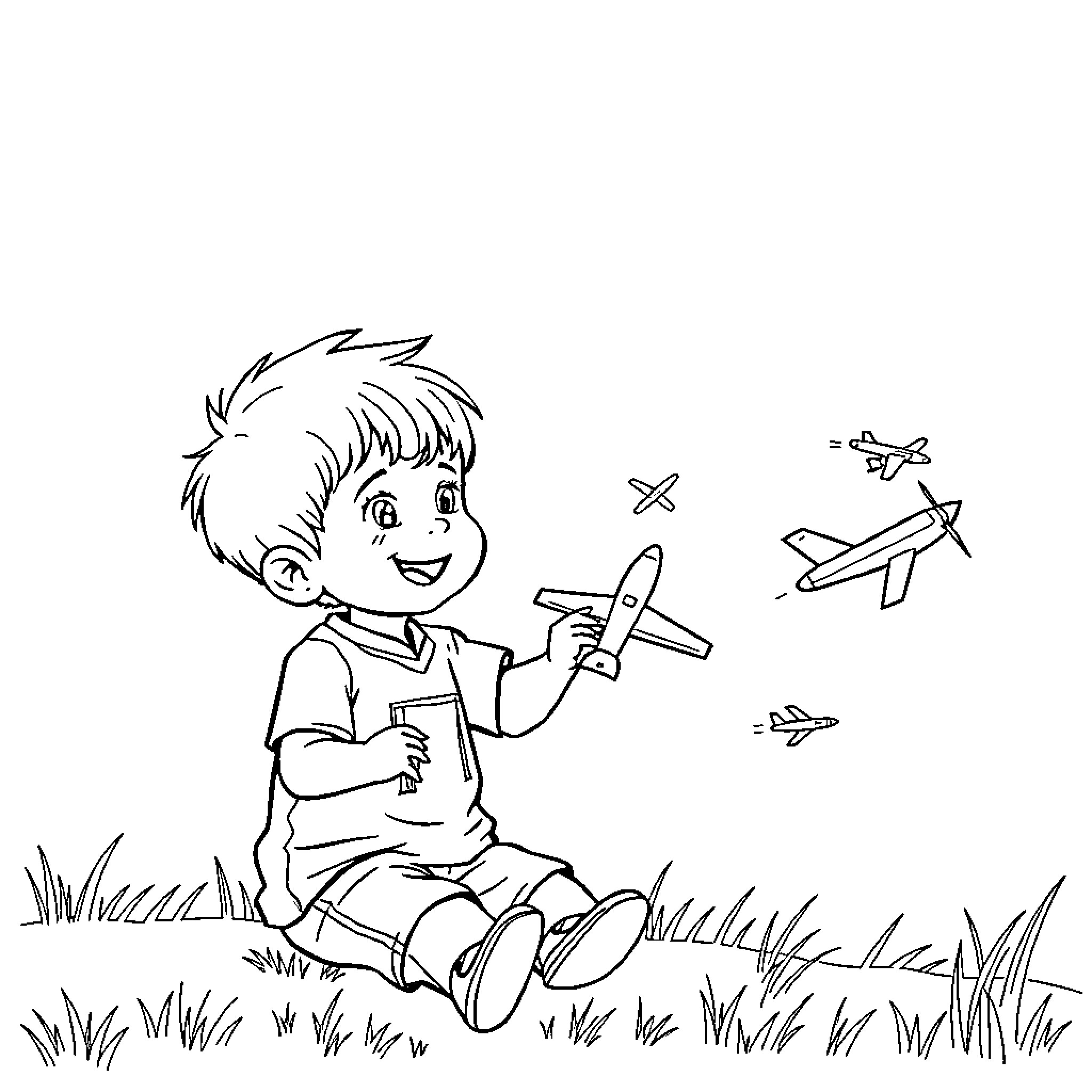 Boy playing with toy airplanes in the grass Coloring Page (free black-and-white line drawing printable PDF for all, from beginners to advanced learners, including children, teens, adults, and seniors)
