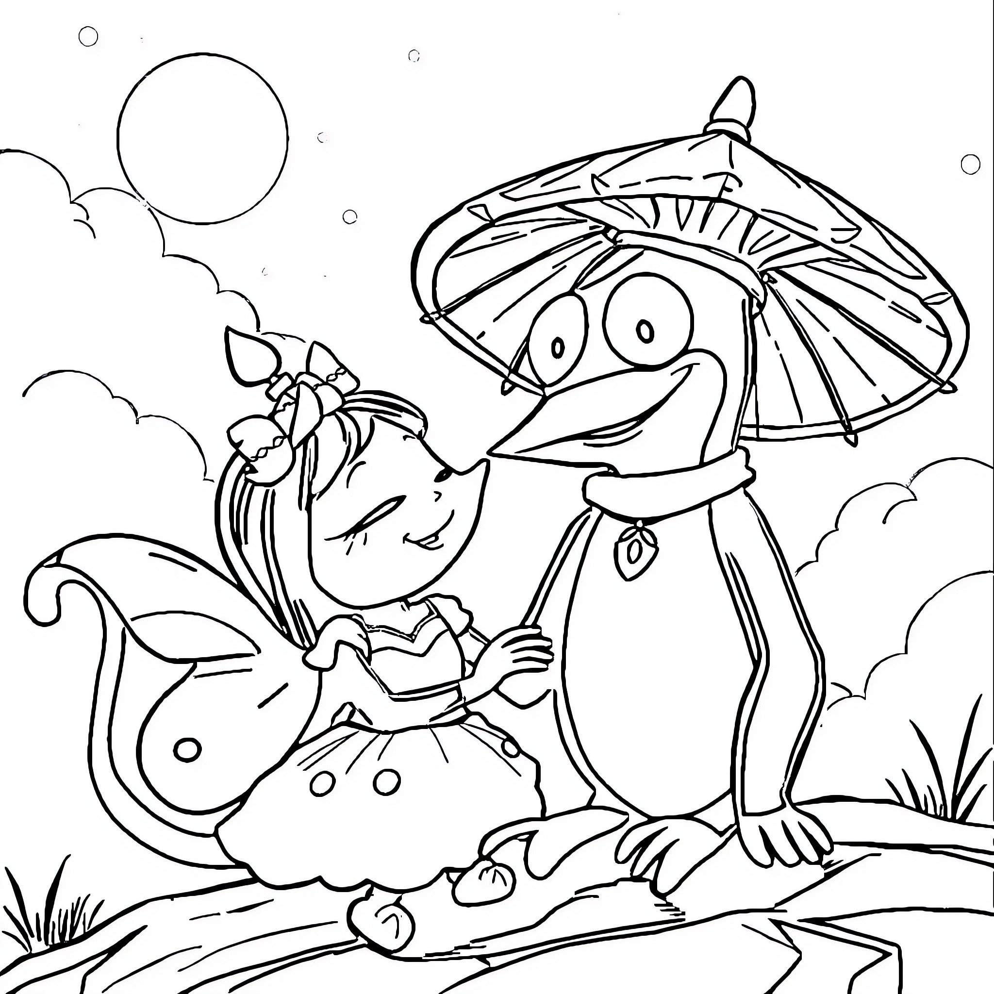 Pitufina's Playful Picnic under the Parasol Coloring Page (free black-and-white line drawing printable PDF for all, from beginners to advanced learners, including children, teens, adults, and seniors)