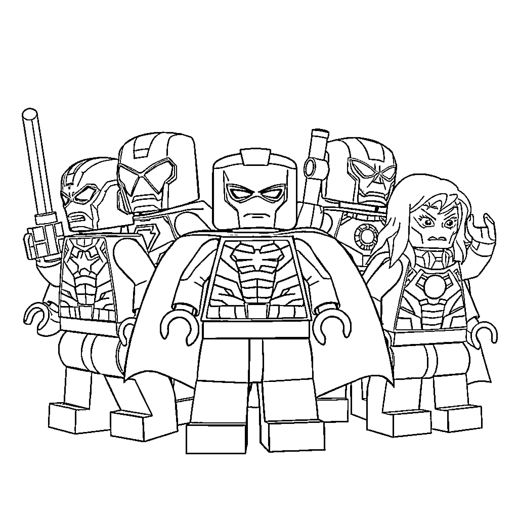 Lego superheroes assembled for action Coloring Page (free black-and-white line drawing printable PDF for all, from beginners to advanced learners, including children, teens, adults, and seniors)