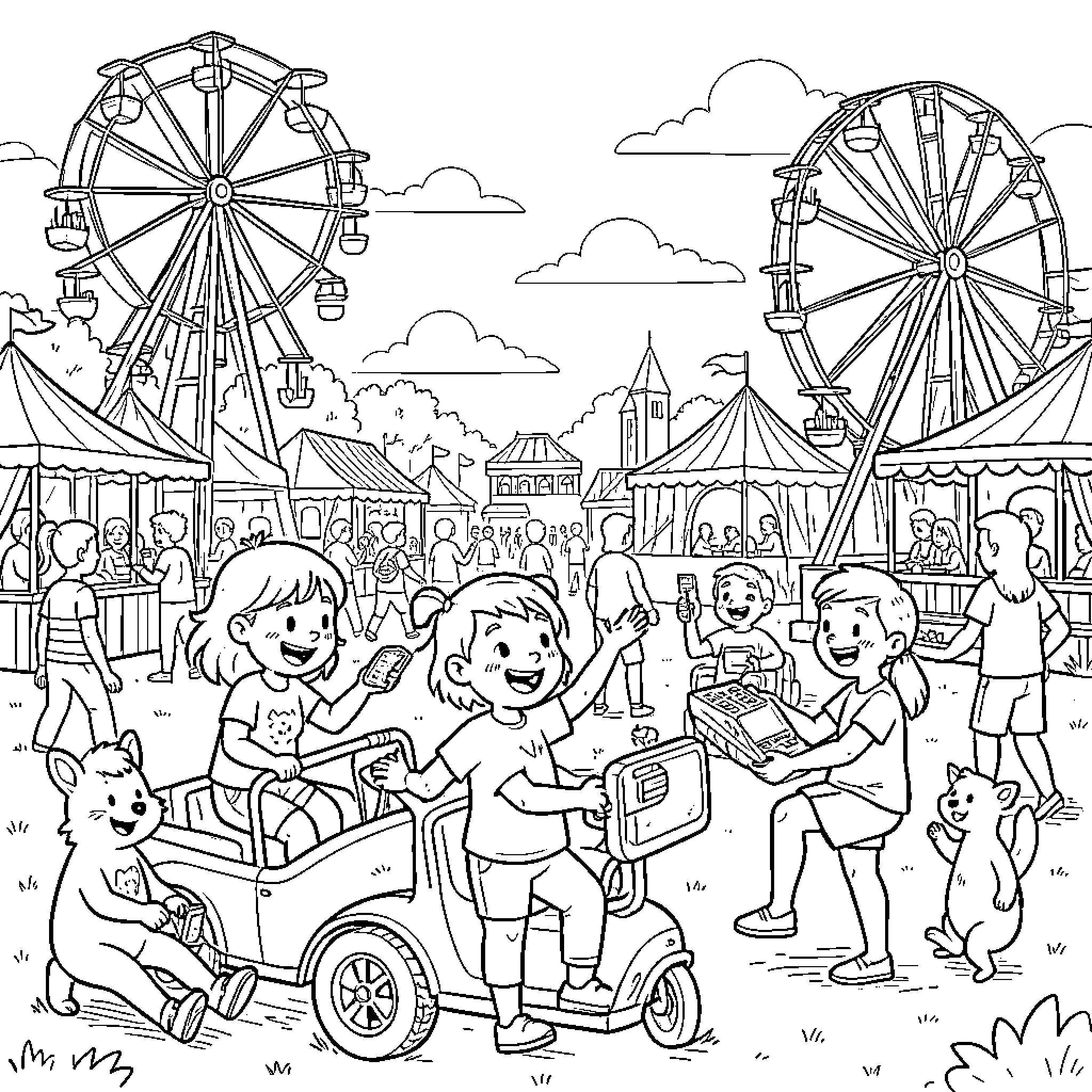 Huntrix children enjoying various rides at a carnival Coloring Page (free black-and-white line drawing printable PDF for all, from beginners to advanced learners, including children, teens, adults, and seniors)