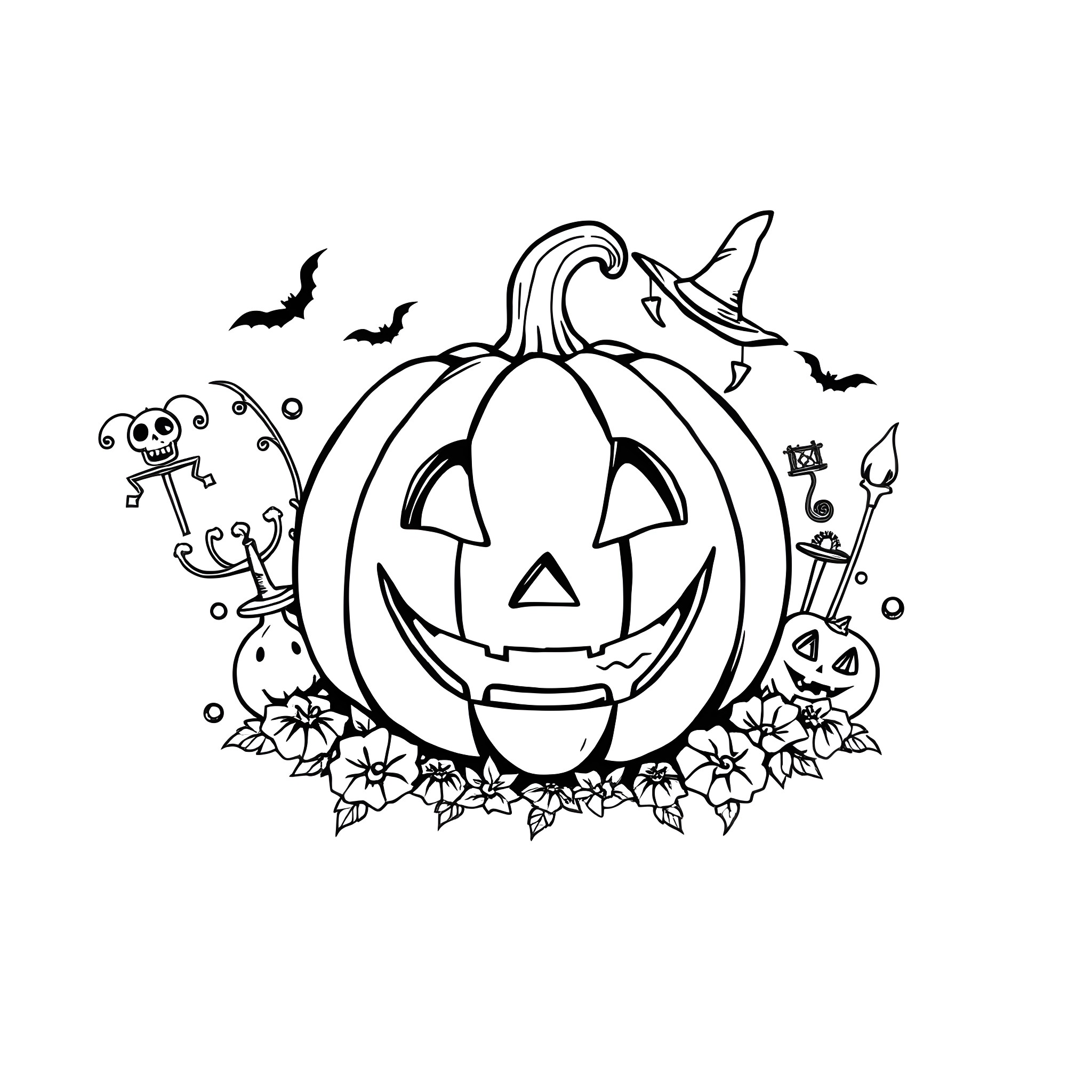 Pumpkin with Halloween Decorations Coloring Page (free black-and-white line drawing printable PDF for all, from beginners to advanced learners, including children, teens, adults, and seniors)