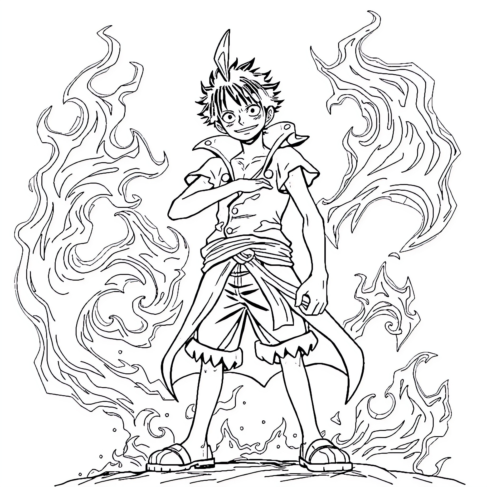 Luffy's Fiery Determination and Adventure Coloring Page (free black-and-white line drawing printable PDF for all, from beginners to advanced learners, including children, teens, adults, and seniors)