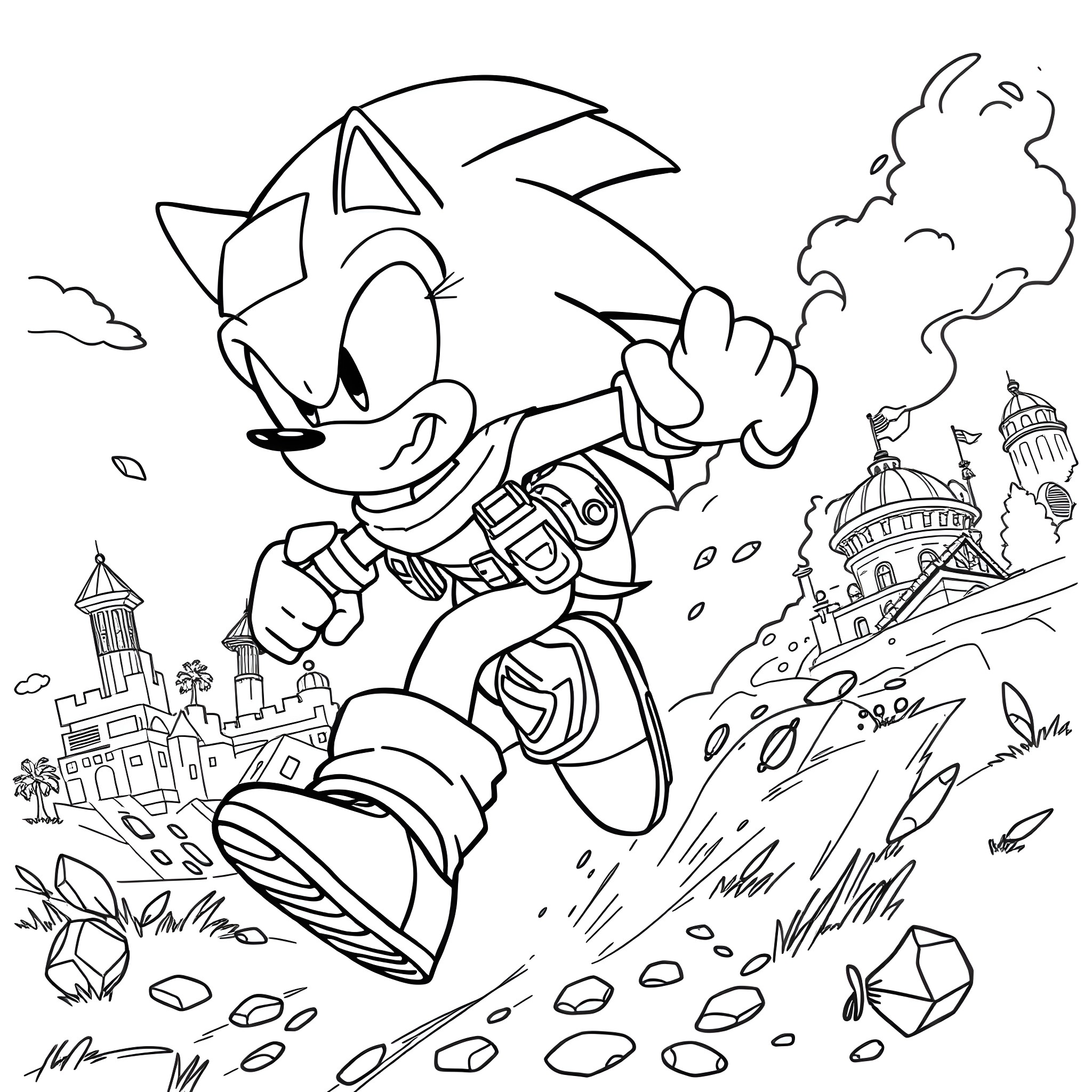 Sonic's Exhilarating Adventure through the City Coloring Page (free black-and-white line drawing printable PDF for all, from beginners to advanced learners, including children, teens, adults, and seniors)