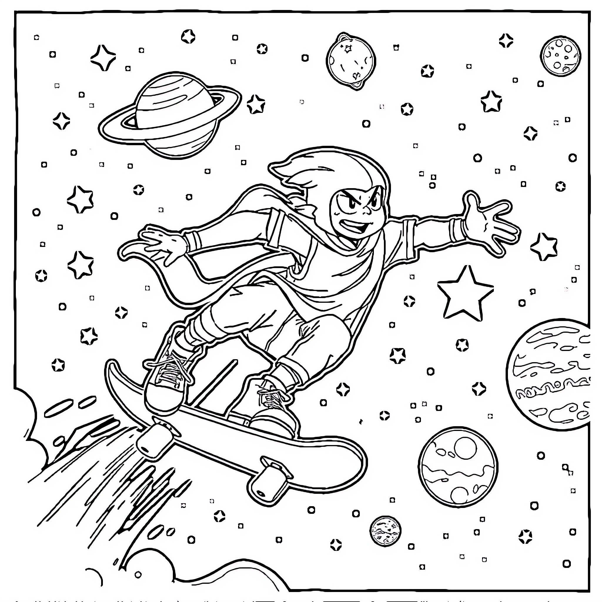 Tony Hawk riding a skateboard through space with planets and stars Coloring Page (free black-and-white line drawing printable PDF for all, from beginners to advanced learners, including children, teens, adults, and seniors)