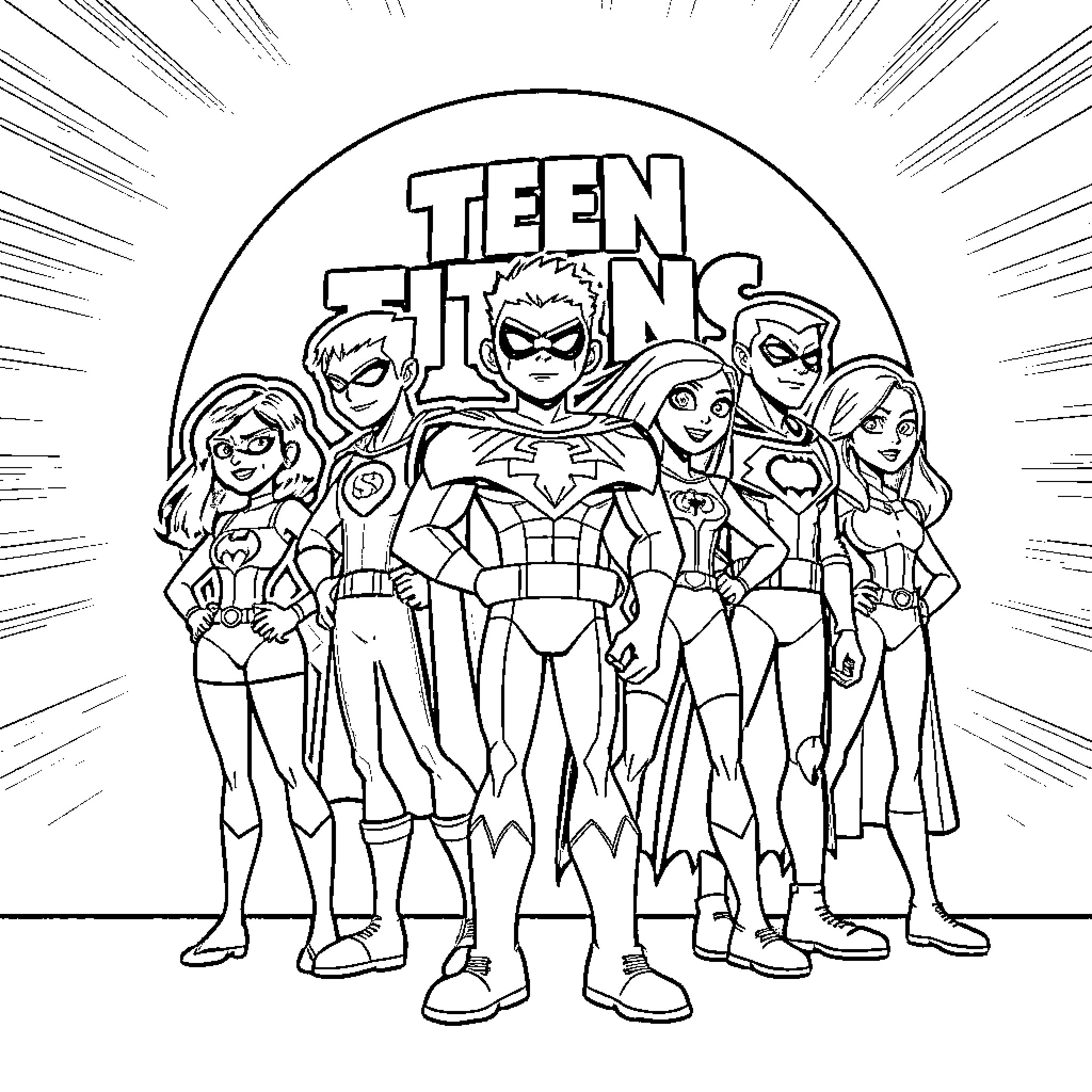 Teen Titans in action-packed superhero poses Coloring Page (free black-and-white line drawing printable PDF for all, from beginners to advanced learners, including children, teens, adults, and seniors)