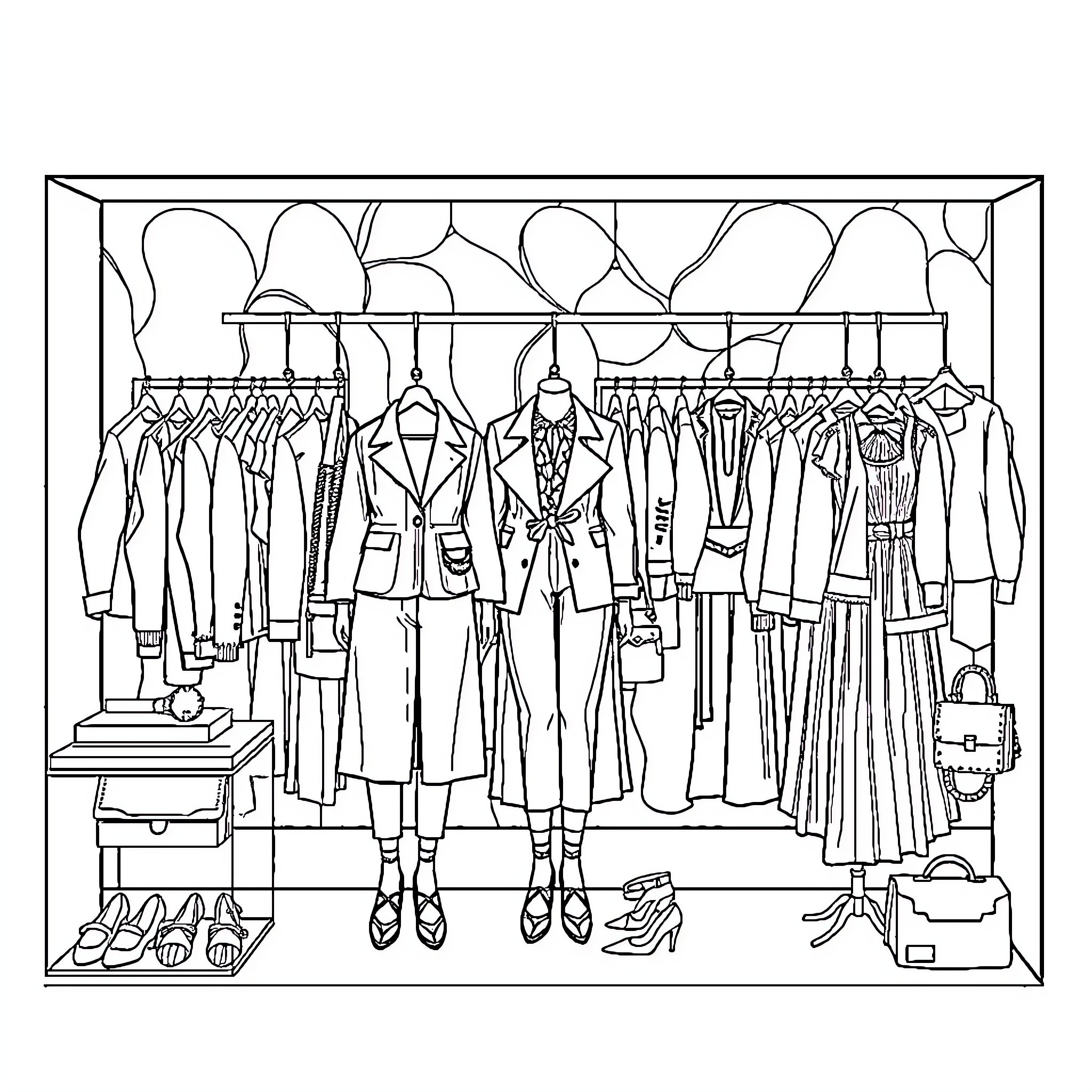Brand Wardrobe Showcase of Stylish Attire Coloring Page (free black-and-white line drawing printable PDF for all, from beginners to advanced learners, including children, teens, adults, and seniors)