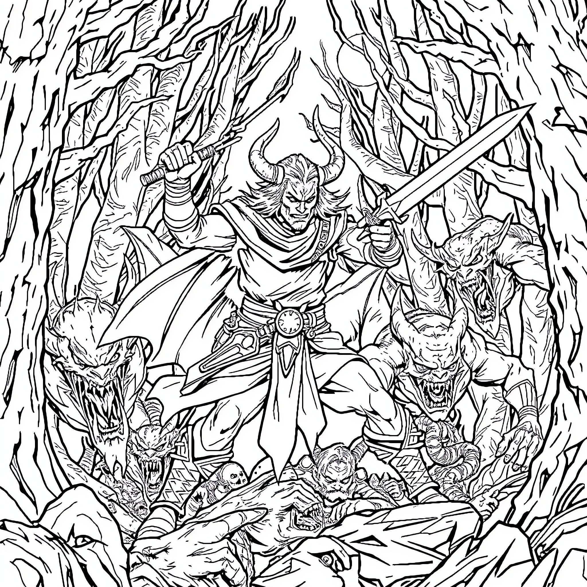 Demon Slayer: Fierce Battle in Dark Forest Coloring Page (free black-and-white line drawing printable PDF for all, from beginners to advanced learners, including children, teens, adults, and seniors)