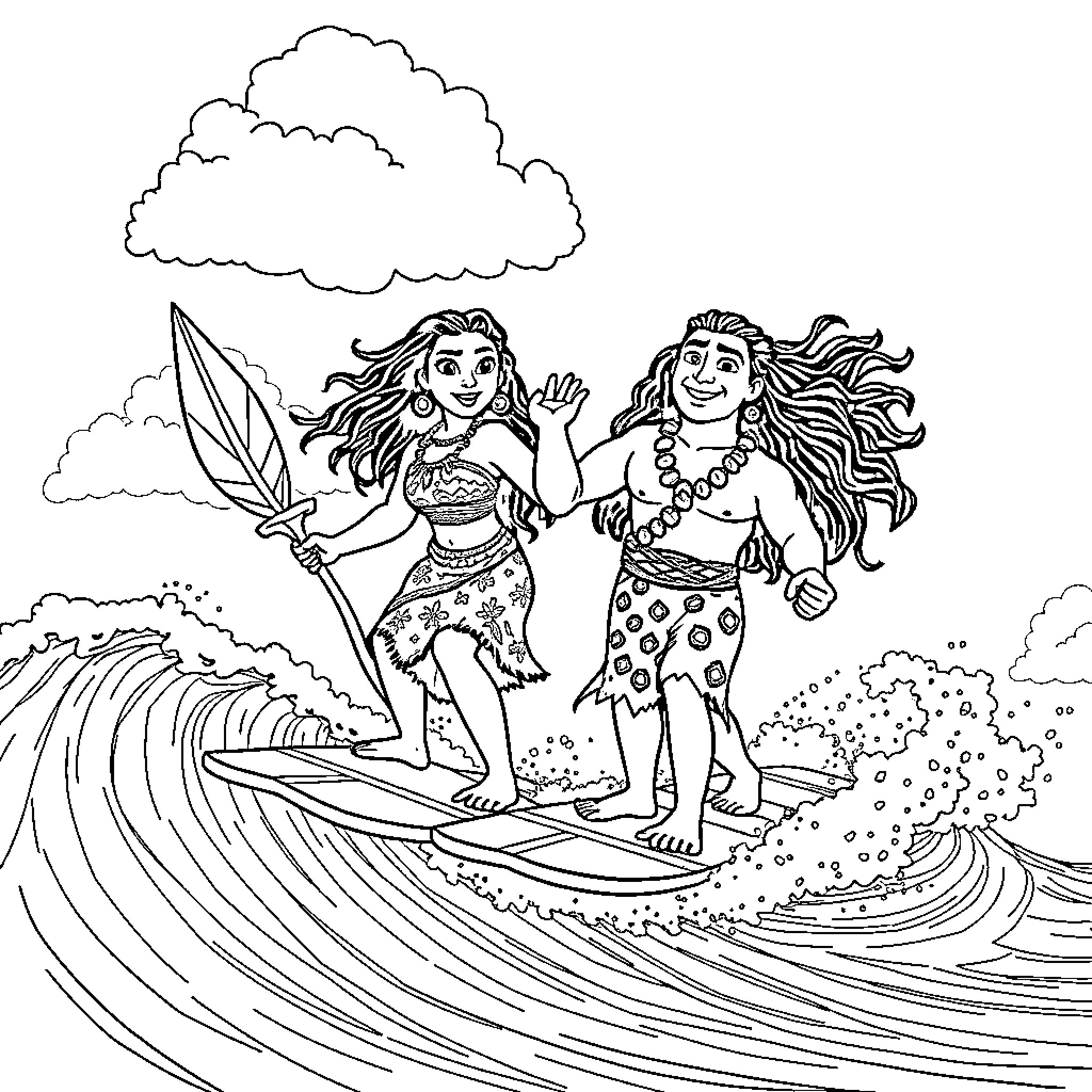 Moana and Maui Surfing the Waves Coloring Page (free black-and-white line drawing printable PDF for all, from beginners to advanced learners, including children, teens, adults, and seniors)
