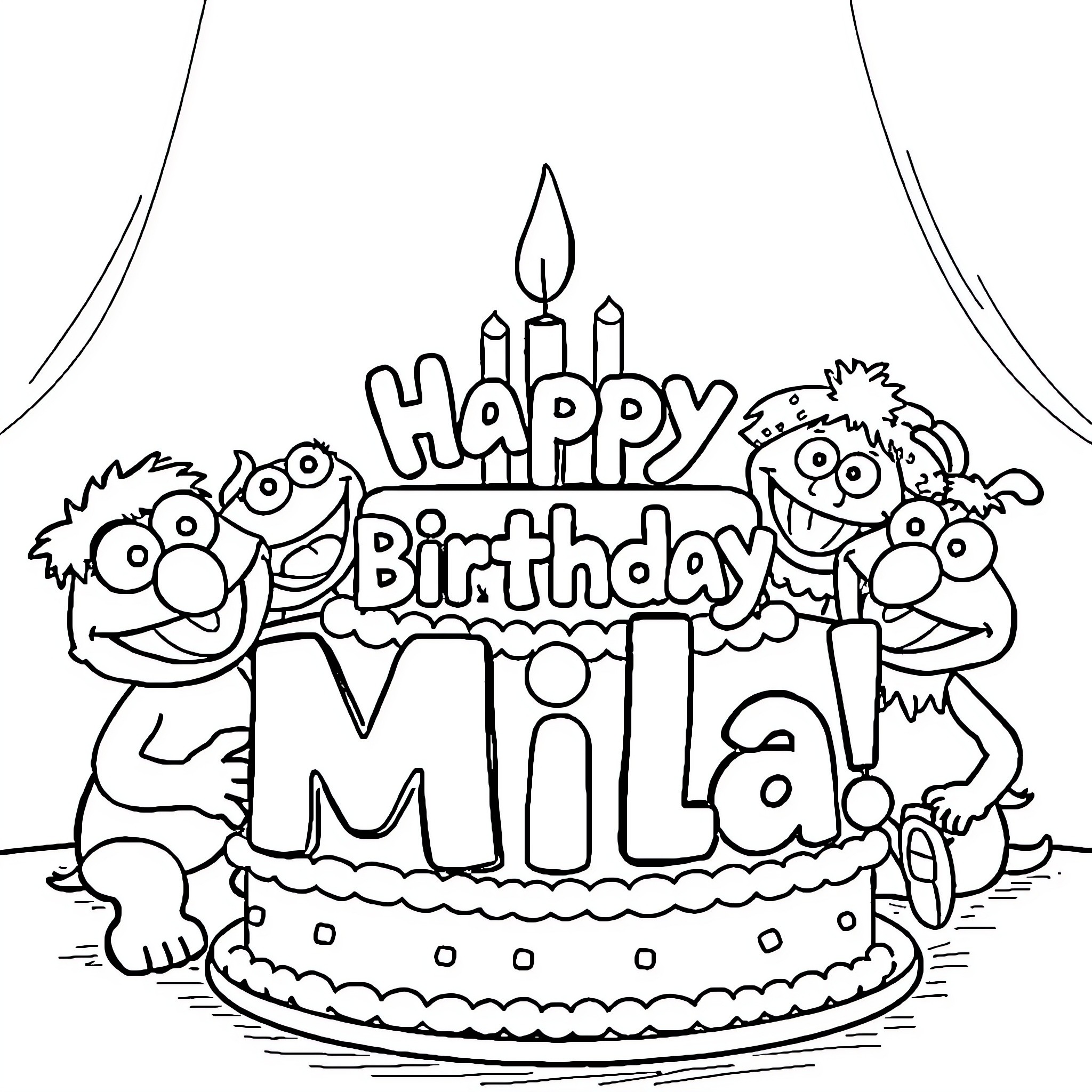 Muppet characters celebrate Emilia's birthday Coloring Page (free black-and-white line drawing printable PDF for all, from beginners to advanced learners, including children, teens, adults, and seniors)