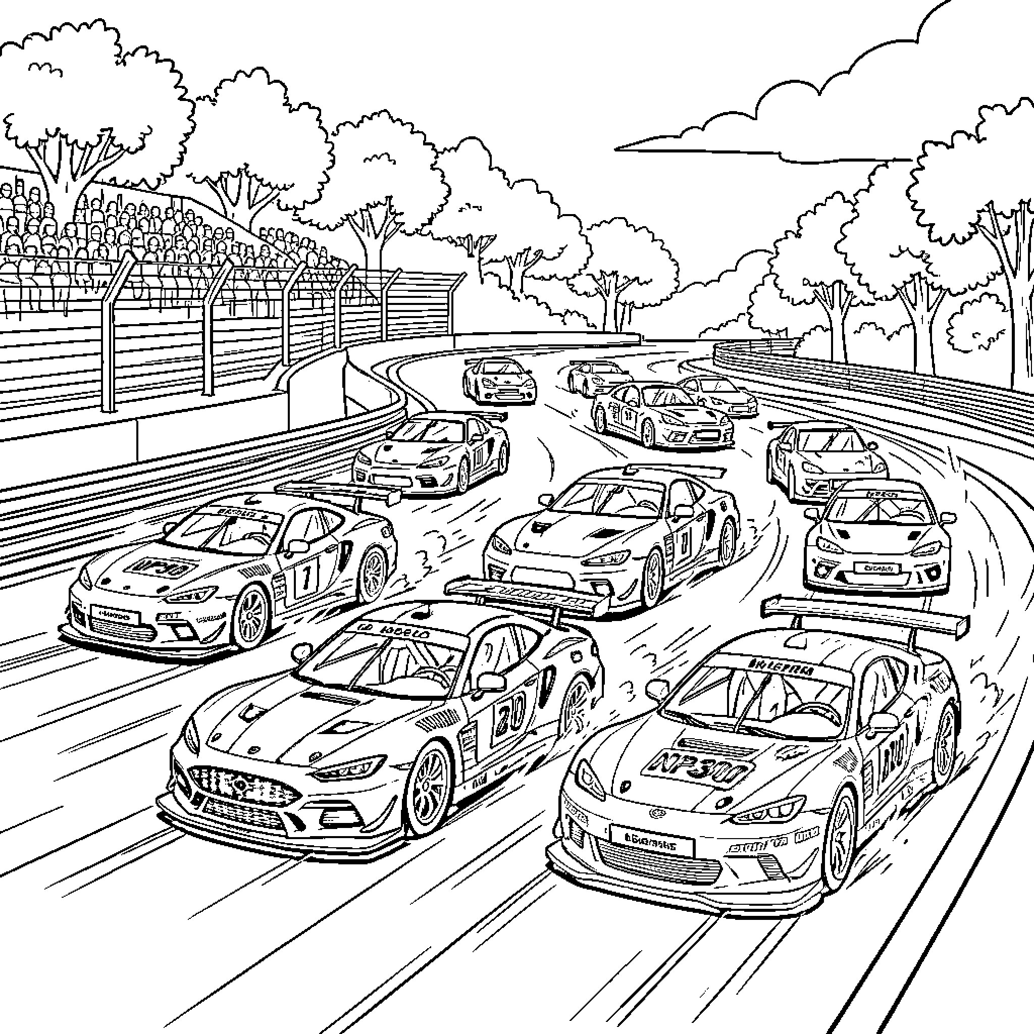Racing Cars Speeding on the Track Coloring Page (free black-and-white line drawing printable PDF for all, from beginners to advanced learners, including children, teens, adults, and seniors)