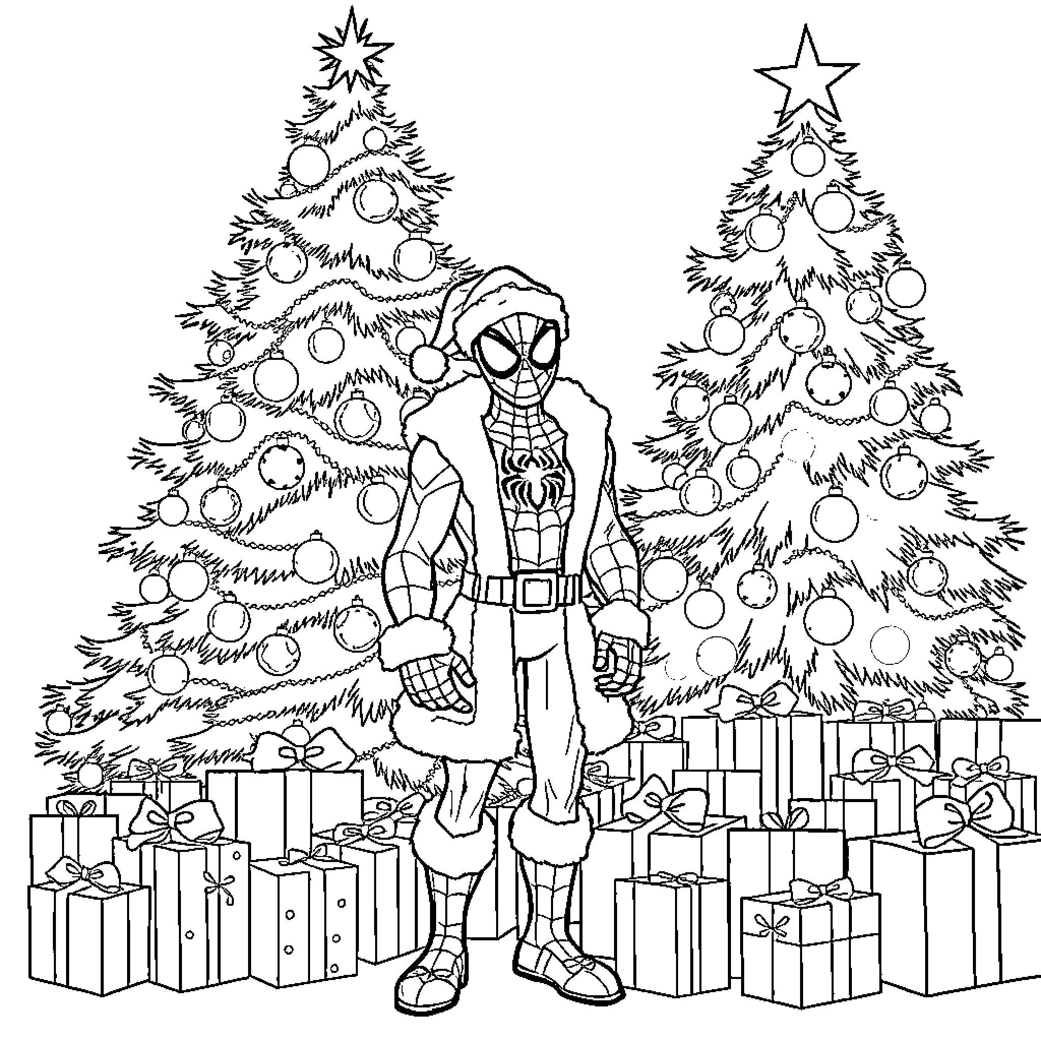 Spider-Man celebrating Christmas with decorated trees and gifts Coloring Page (free black-and-white line drawing printable PDF for all, from beginners to advanced learners, including children, teens, adults, and seniors)