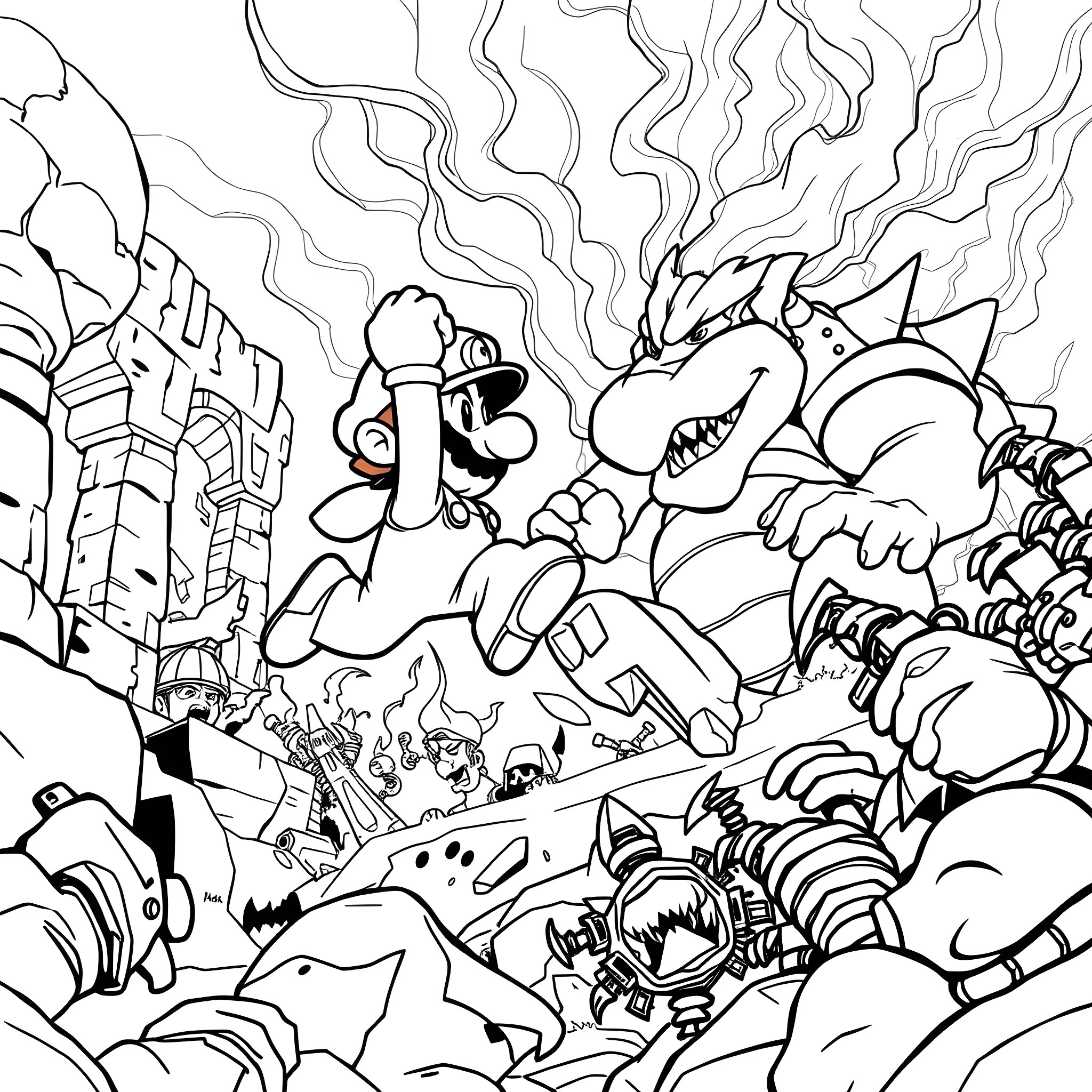 Mario's Epic Showdown with Bowser and Minions Coloring Page (free black-and-white line drawing printable PDF for all, from beginners to advanced learners, including children, teens, adults, and seniors)