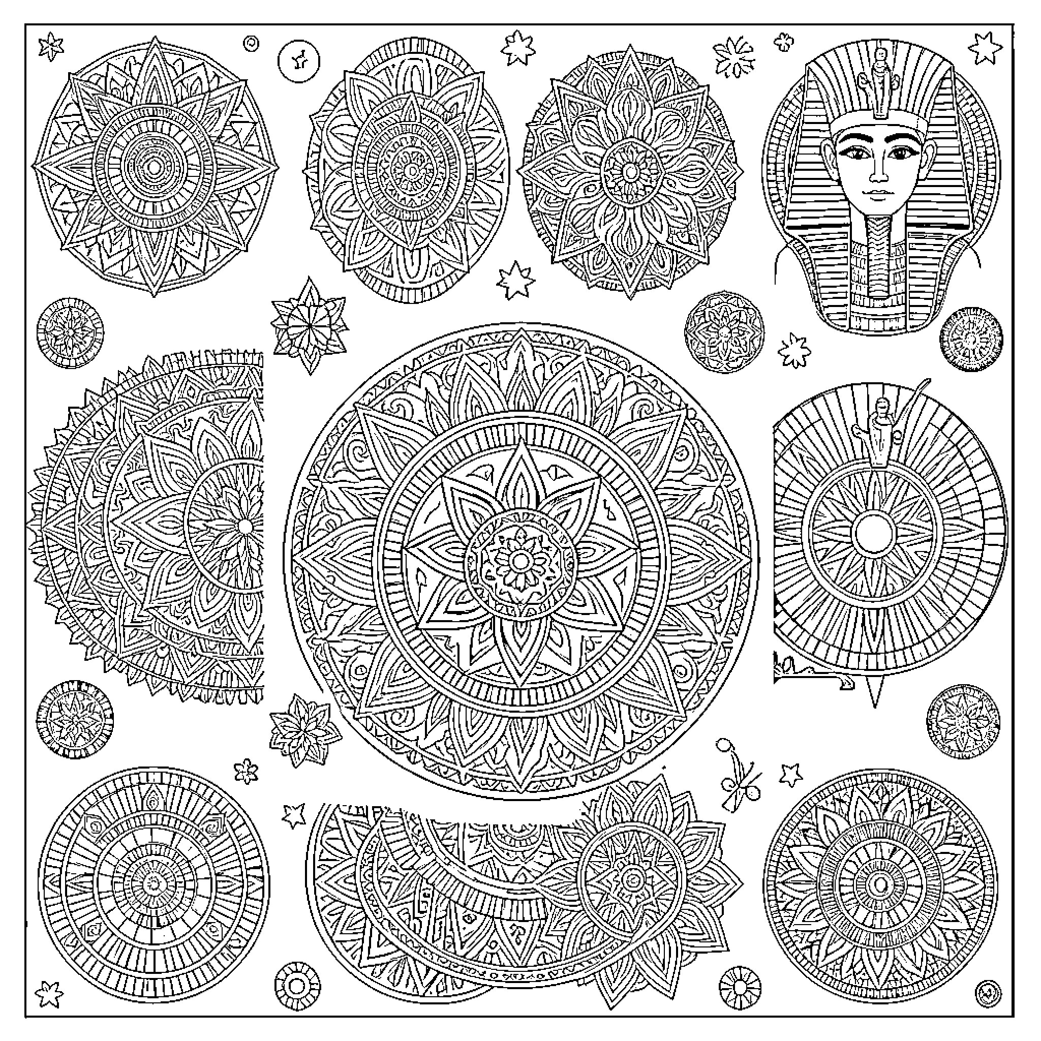 Mandalas with intricate patterns and symbolic motifs Coloring Page (free black-and-white line drawing printable PDF for all, from beginners to advanced learners, including children, teens, adults, and seniors)
