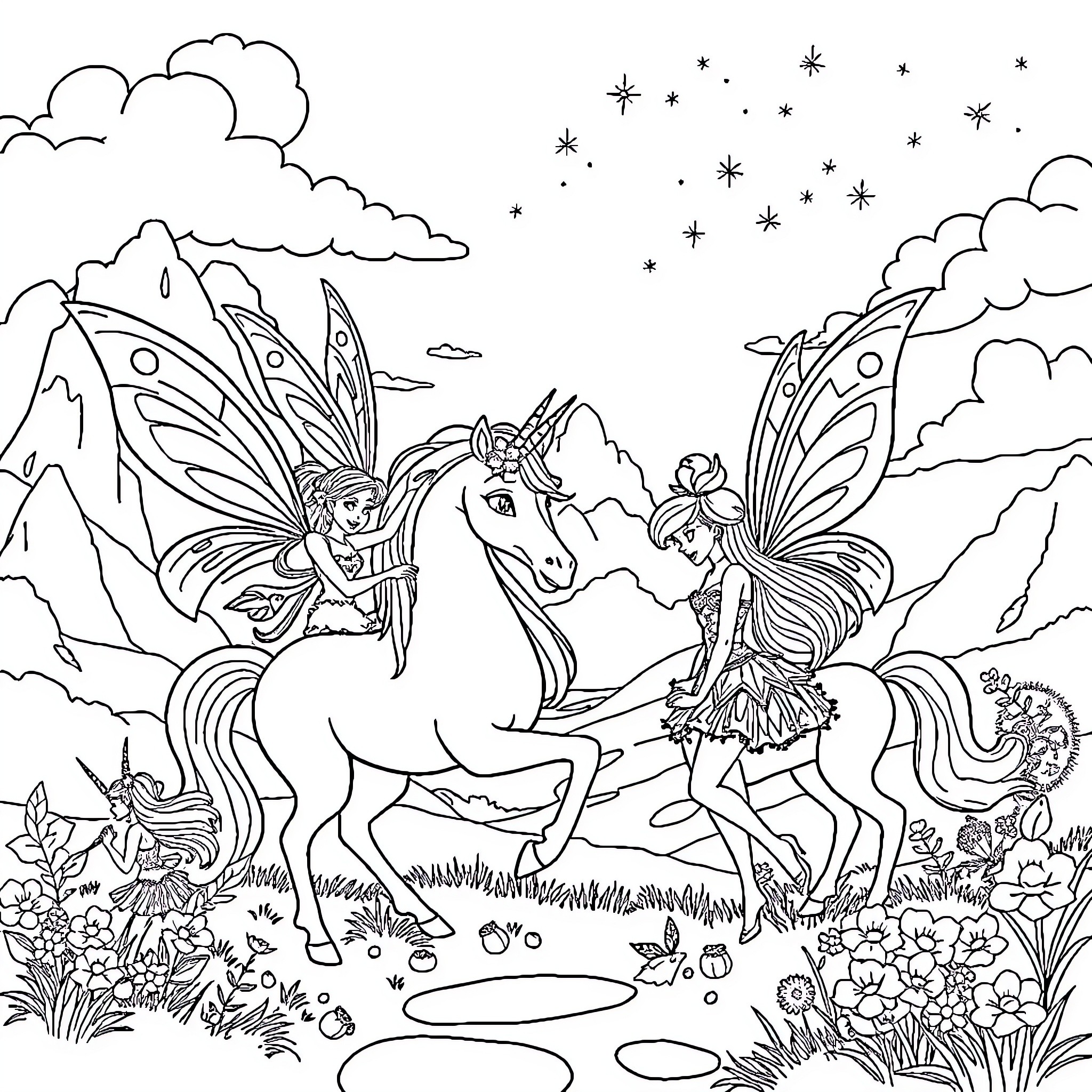 Winx Club Fairies Riding Magical Unicorns in Enchanted Landscape Coloring Page (free black-and-white line drawing printable PDF for all, from beginners to advanced learners, including children, teens, adults, and seniors)