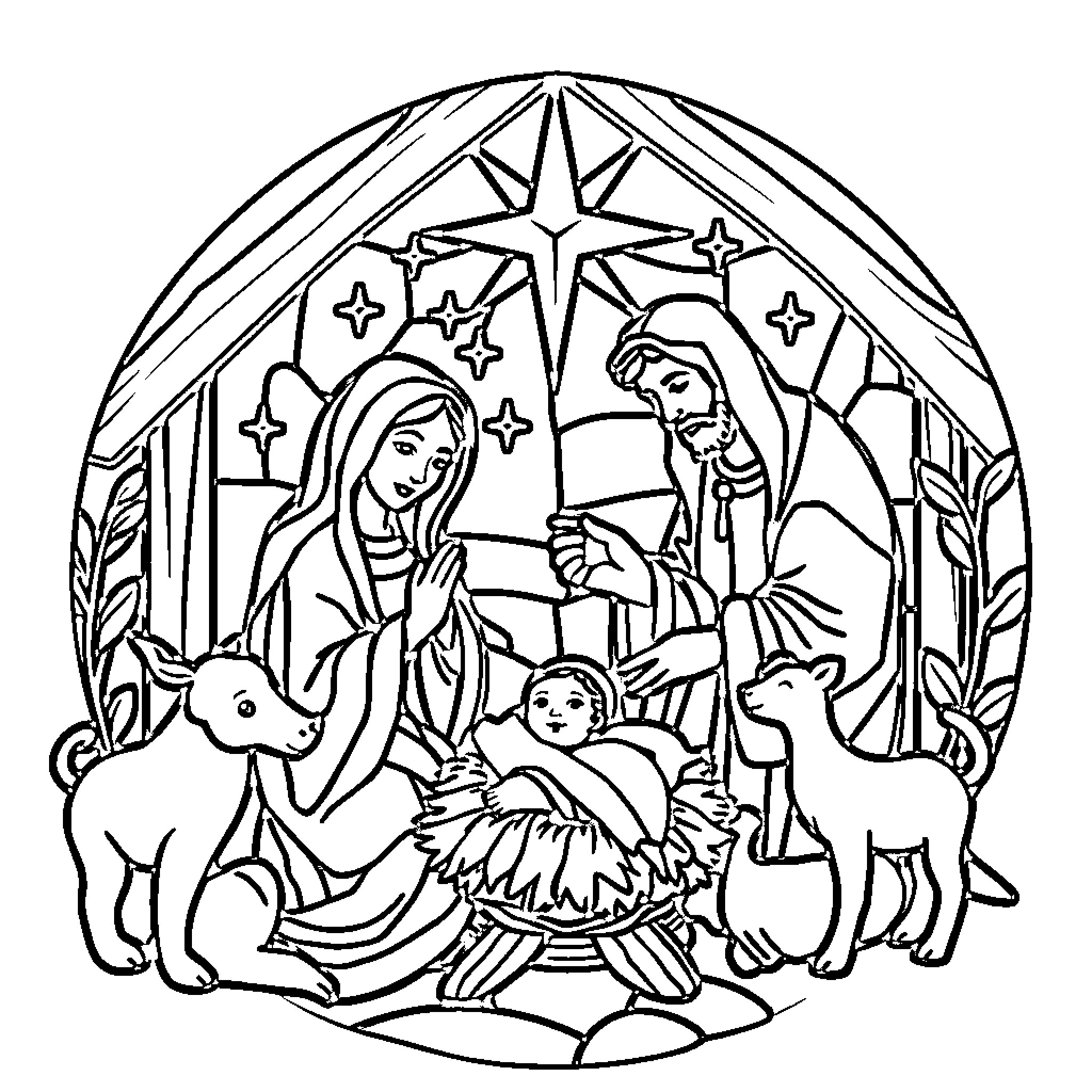 Nativity scene with baby Jesus, Mary, and Joseph Coloring Page (free black-and-white line drawing printable PDF for all, from beginners to advanced learners, including children, teens, adults, and seniors)