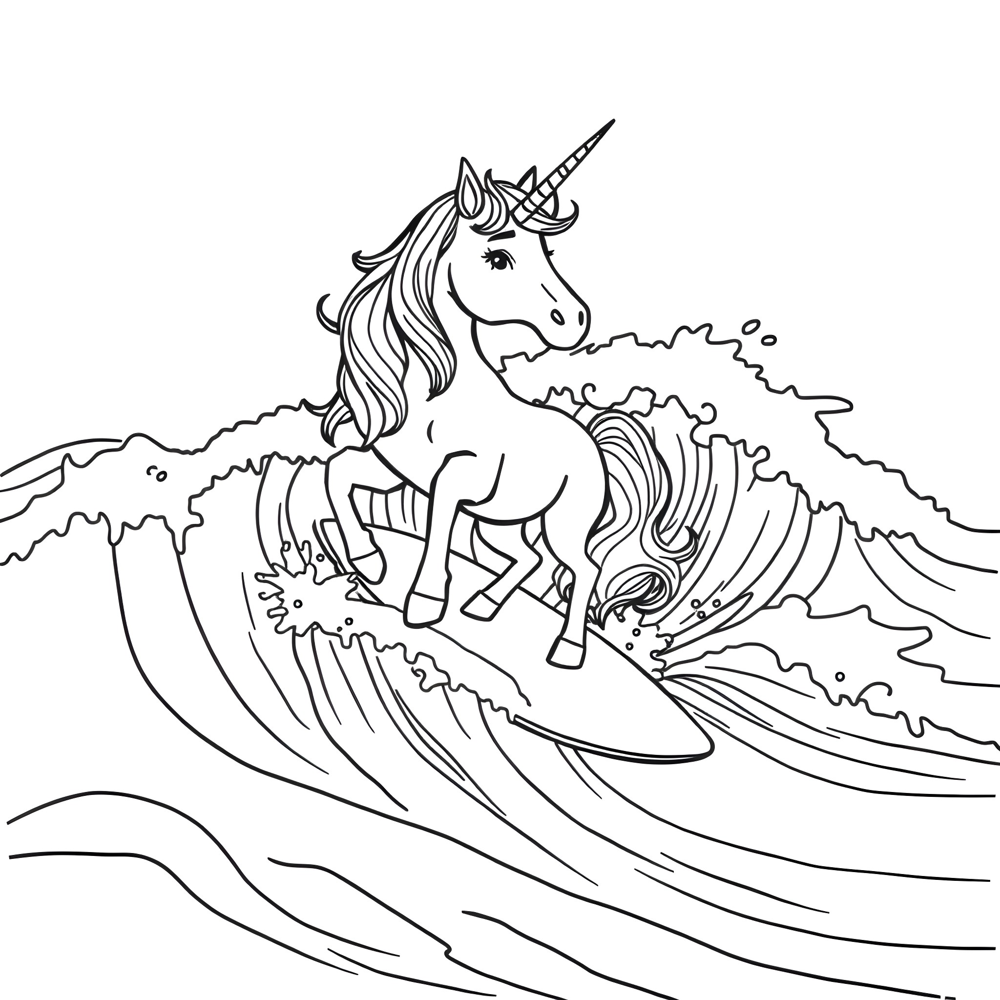 Unicorn surfing on a magical wave Coloring Page (free black-and-white line drawing printable PDF for all, from beginners to advanced learners, including children, teens, adults, and seniors)