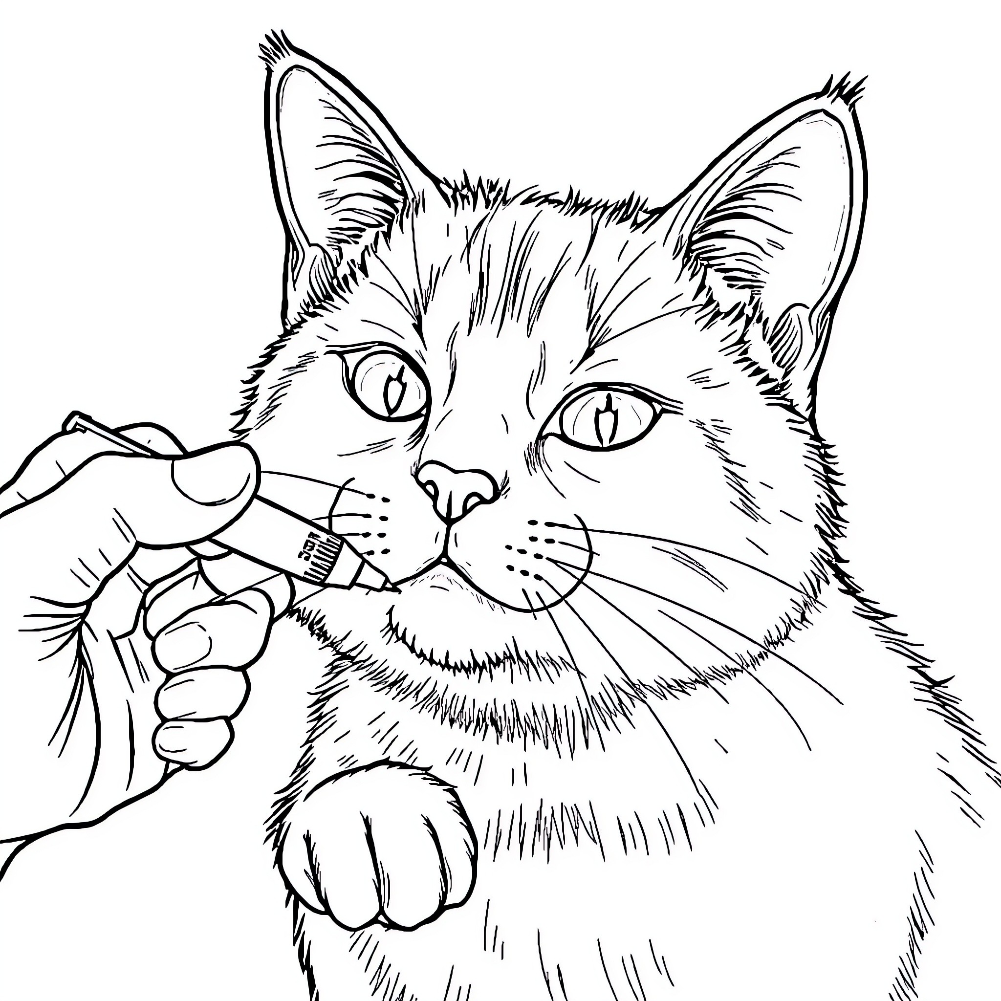 Cat being groomed by human hand Coloring Page (free black-and-white line drawing printable PDF for all, from beginners to advanced learners, including children, teens, adults, and seniors)