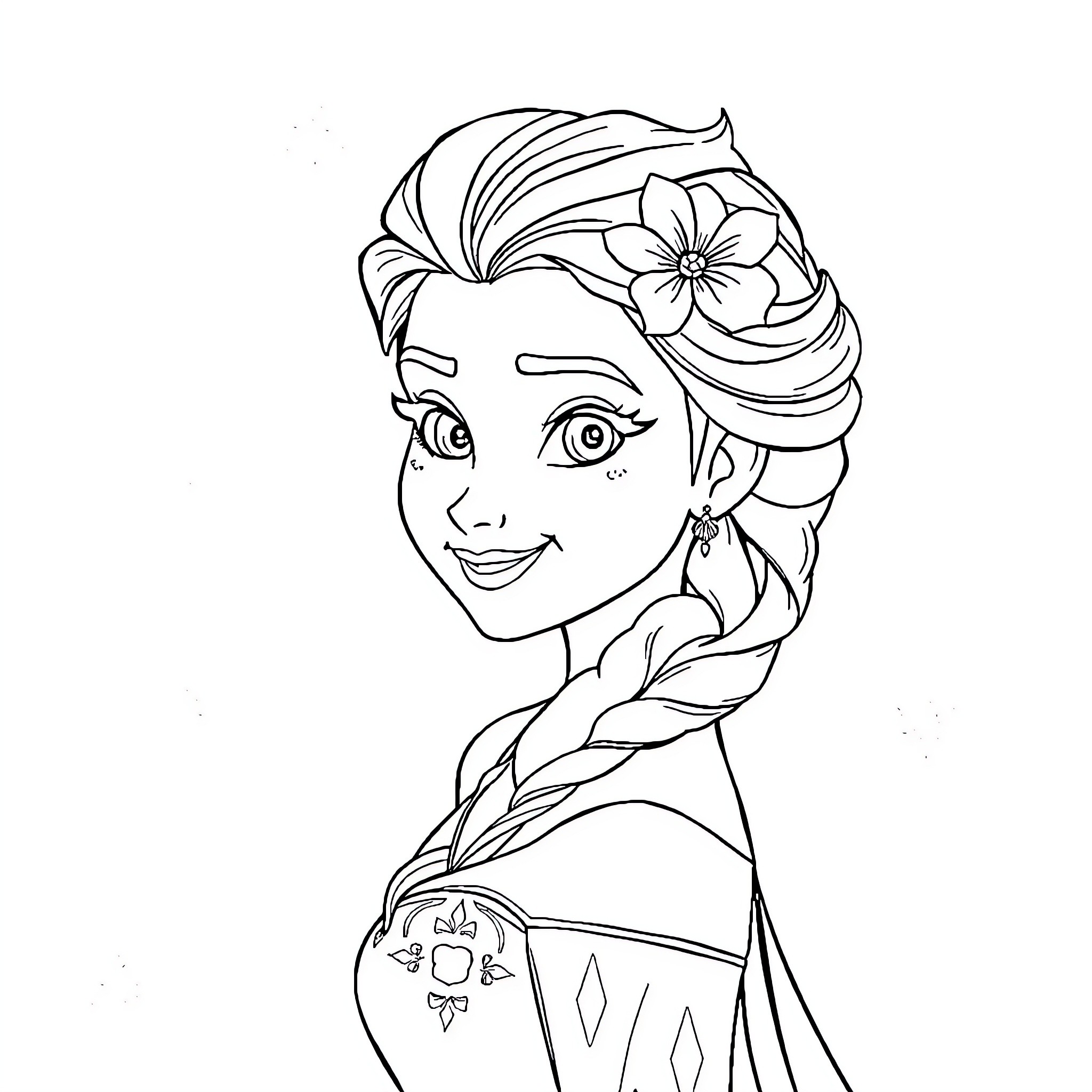 Elsa smiling with flowers in her hair Coloring Page (free black-and-white line drawing printable PDF for all, from beginners to advanced learners, including children, teens, adults, and seniors)