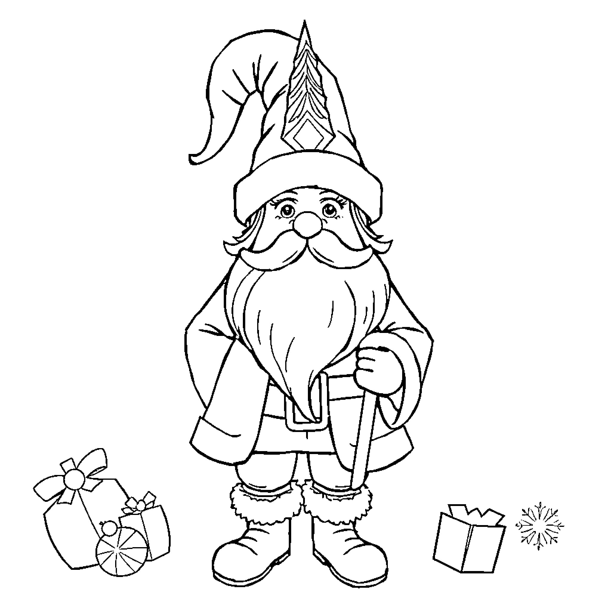 Unicorn Gnome with Gifts and Decorations Coloring Page (free black-and-white line drawing printable PDF for all, from beginners to advanced learners, including children, teens, adults, and seniors)