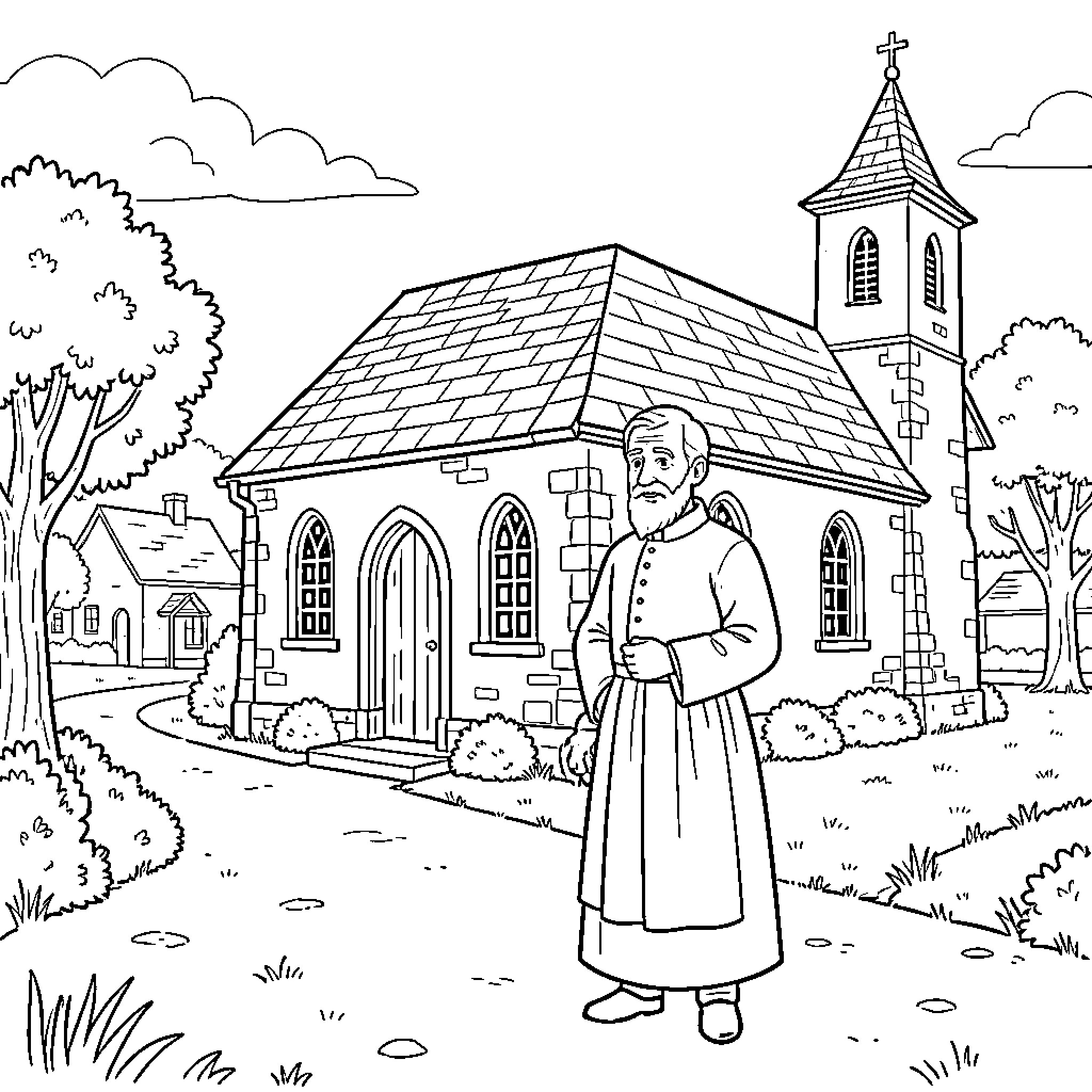 Saint Vianney preaching outside a church Coloring Page (free black-and-white line drawing printable PDF for all, from beginners to advanced learners, including children, teens, adults, and seniors)