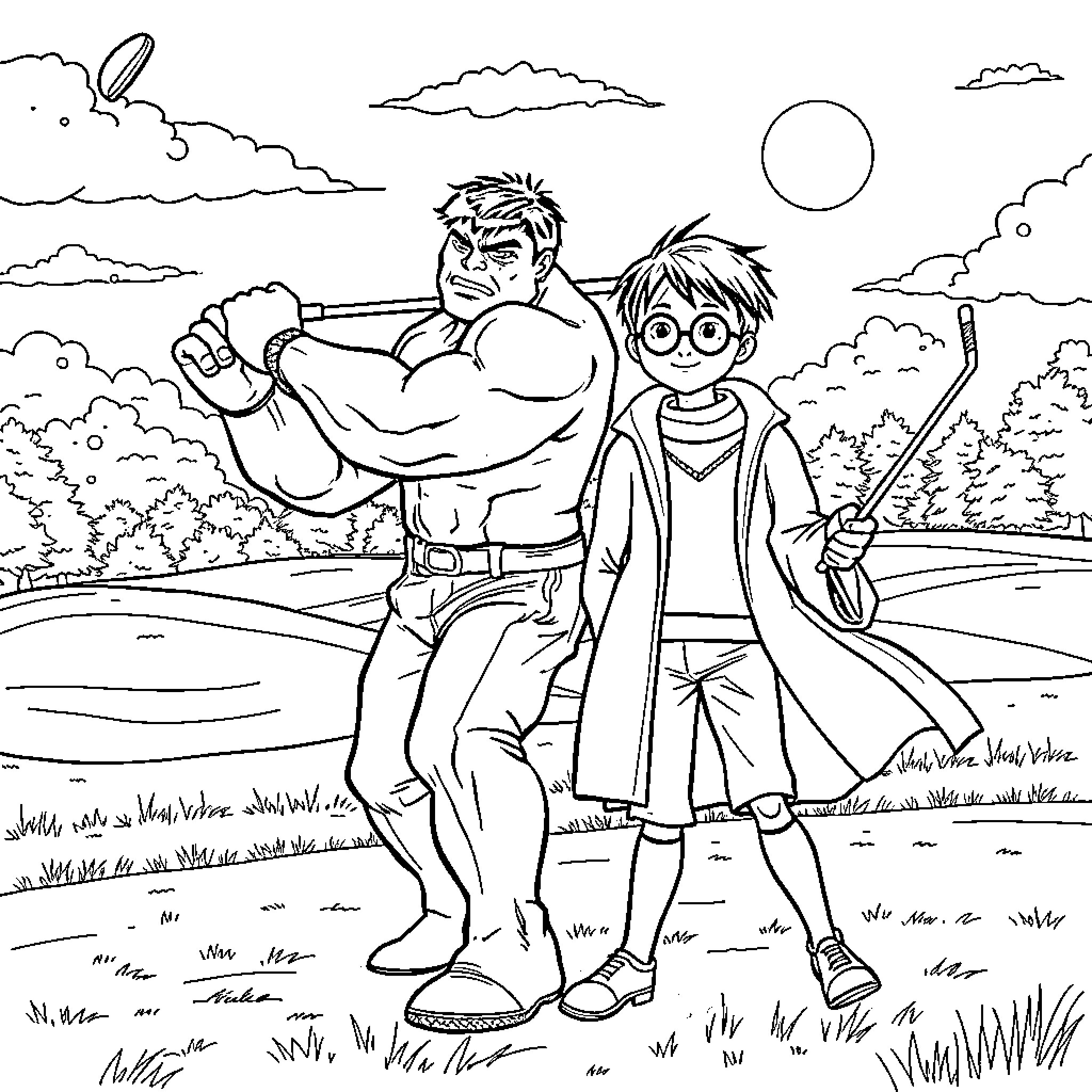 Hulk and young boy explore scenic outdoor landscape Coloring Page (free black-and-white line drawing printable PDF for all, from beginners to advanced learners, including children, teens, adults, and seniors)