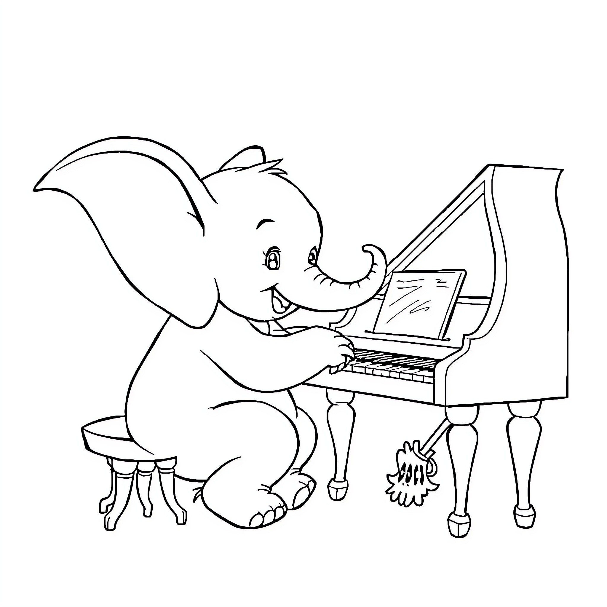 Dumbo playing piano with enthusiasm Coloring Page (free black-and-white line drawing printable PDF for all, from beginners to advanced learners, including children, teens, adults, and seniors)