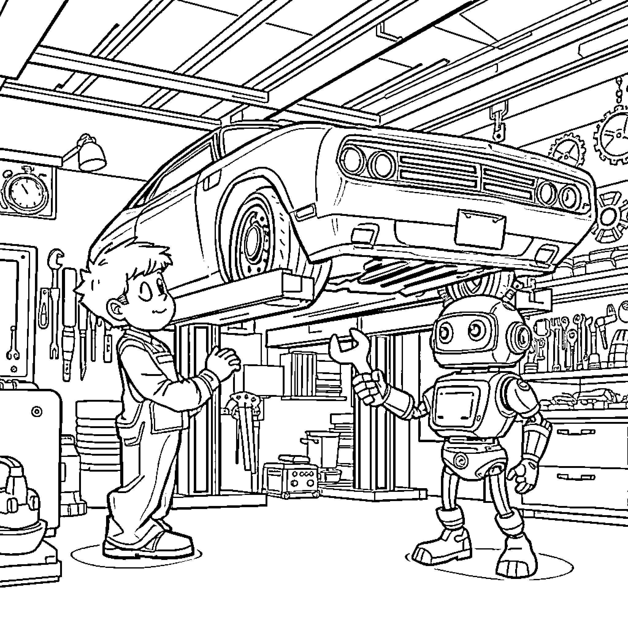 Mechanic working diligently in an auto repair shop Coloring Page (free black-and-white line drawing printable PDF for all, from beginners to advanced learners, including children, teens, adults, and seniors)