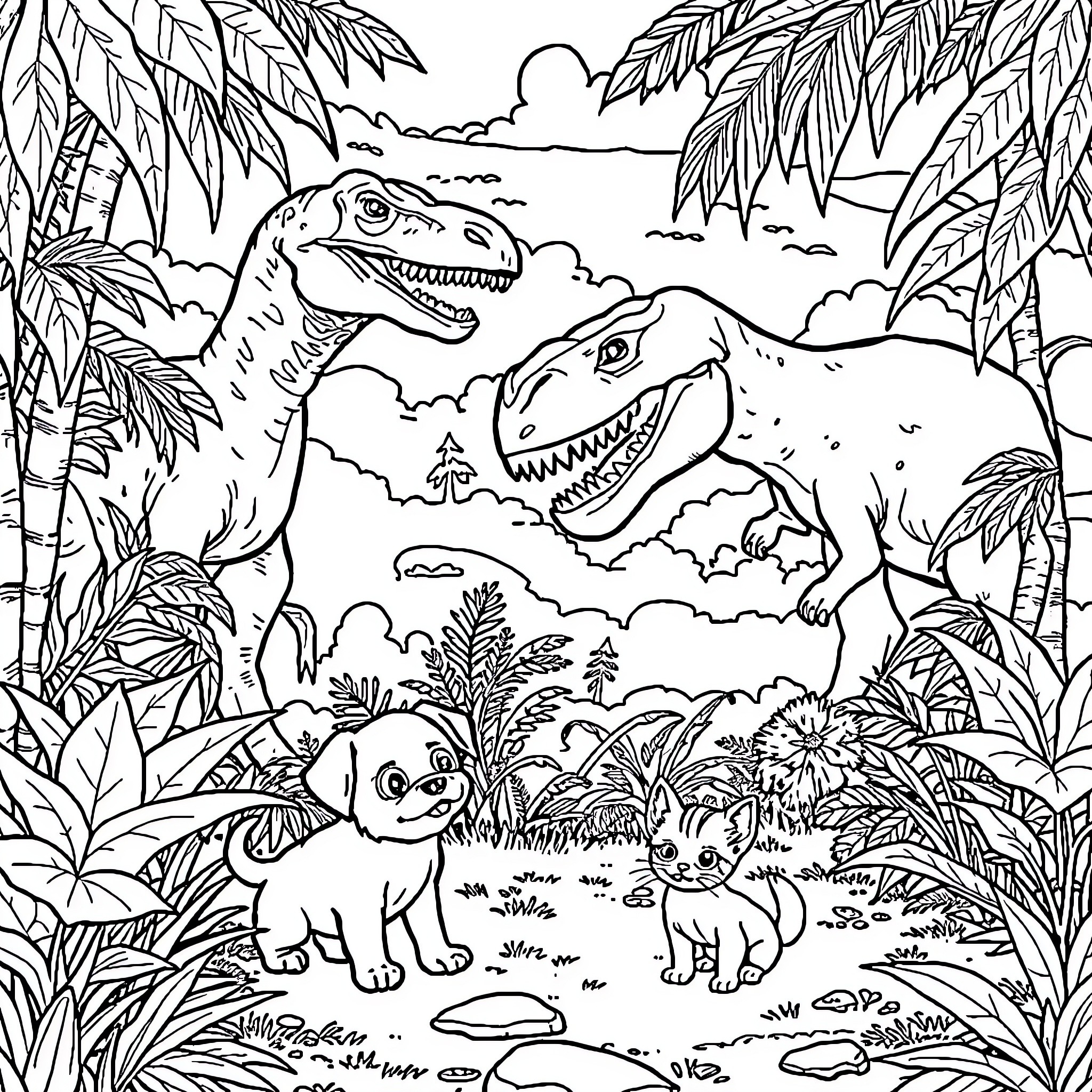 Puppy exploring the prehistoric jungle Coloring Page (free black-and-white line drawing printable PDF for all, from beginners to advanced learners, including children, teens, adults, and seniors)