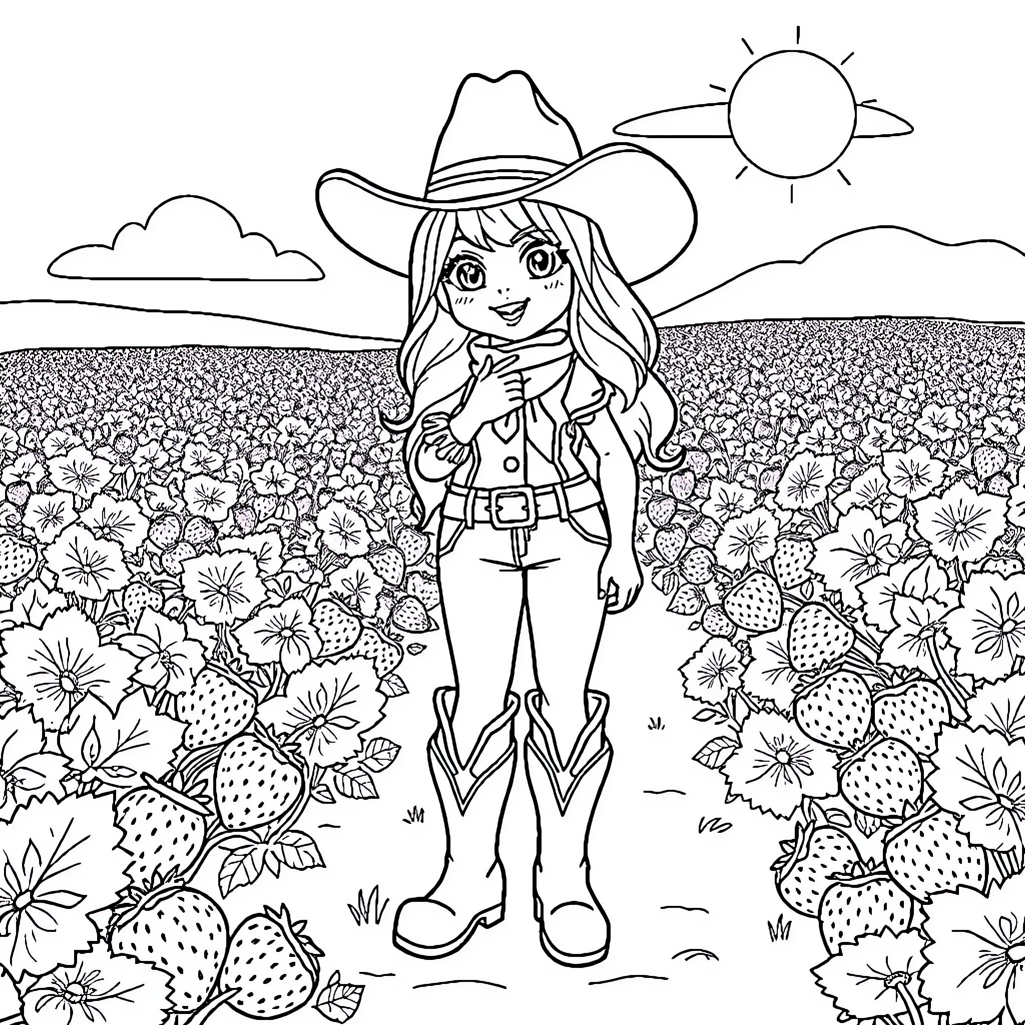 Cowgirl exploring a field of flowers Coloring Page (free black-and-white line drawing printable PDF for all, from beginners to advanced learners, including children, teens, adults, and seniors)