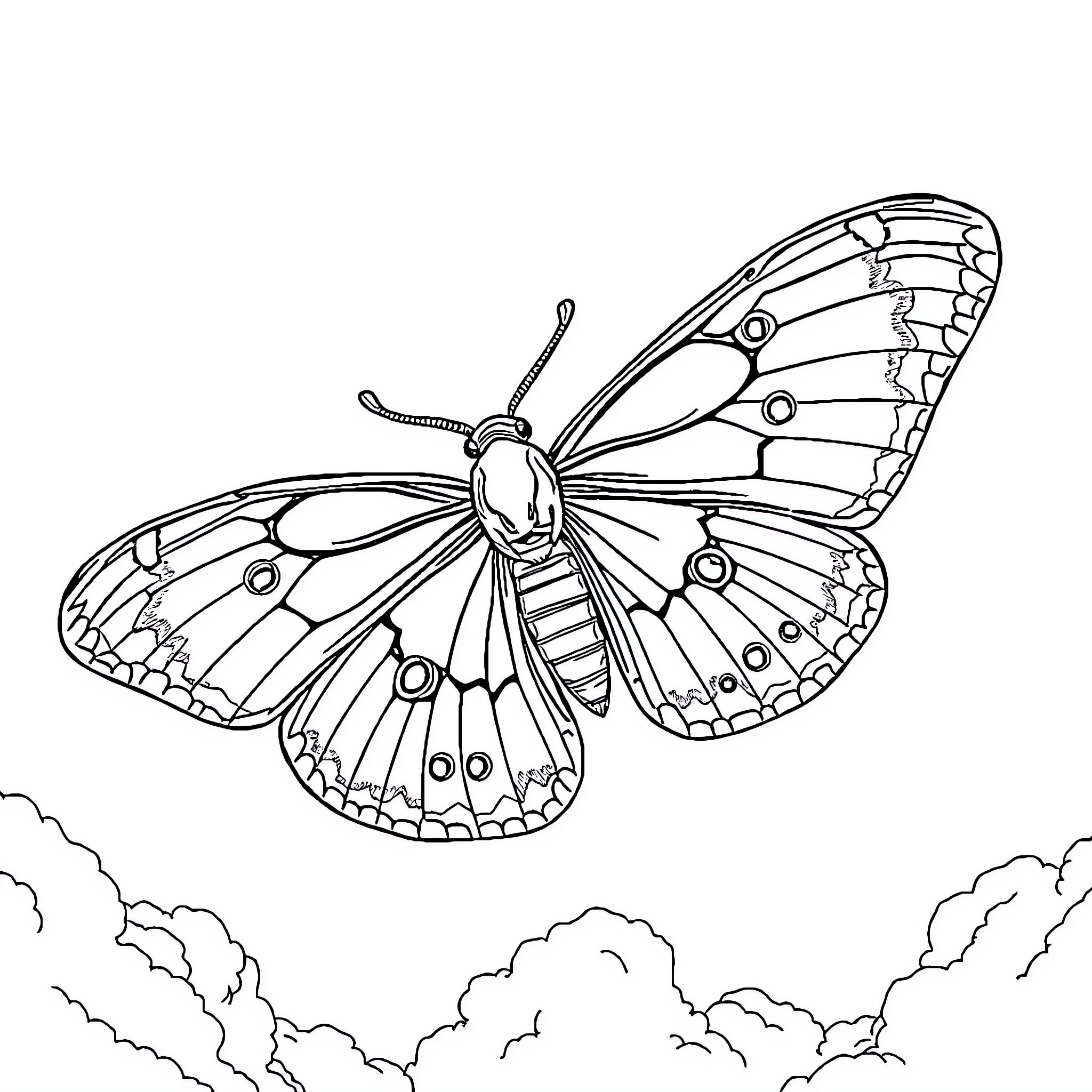 Mothra butterfly soaring through the skies Coloring Page (free black-and-white line drawing printable PDF for all, from beginners to advanced learners, including children, teens, adults, and seniors)
