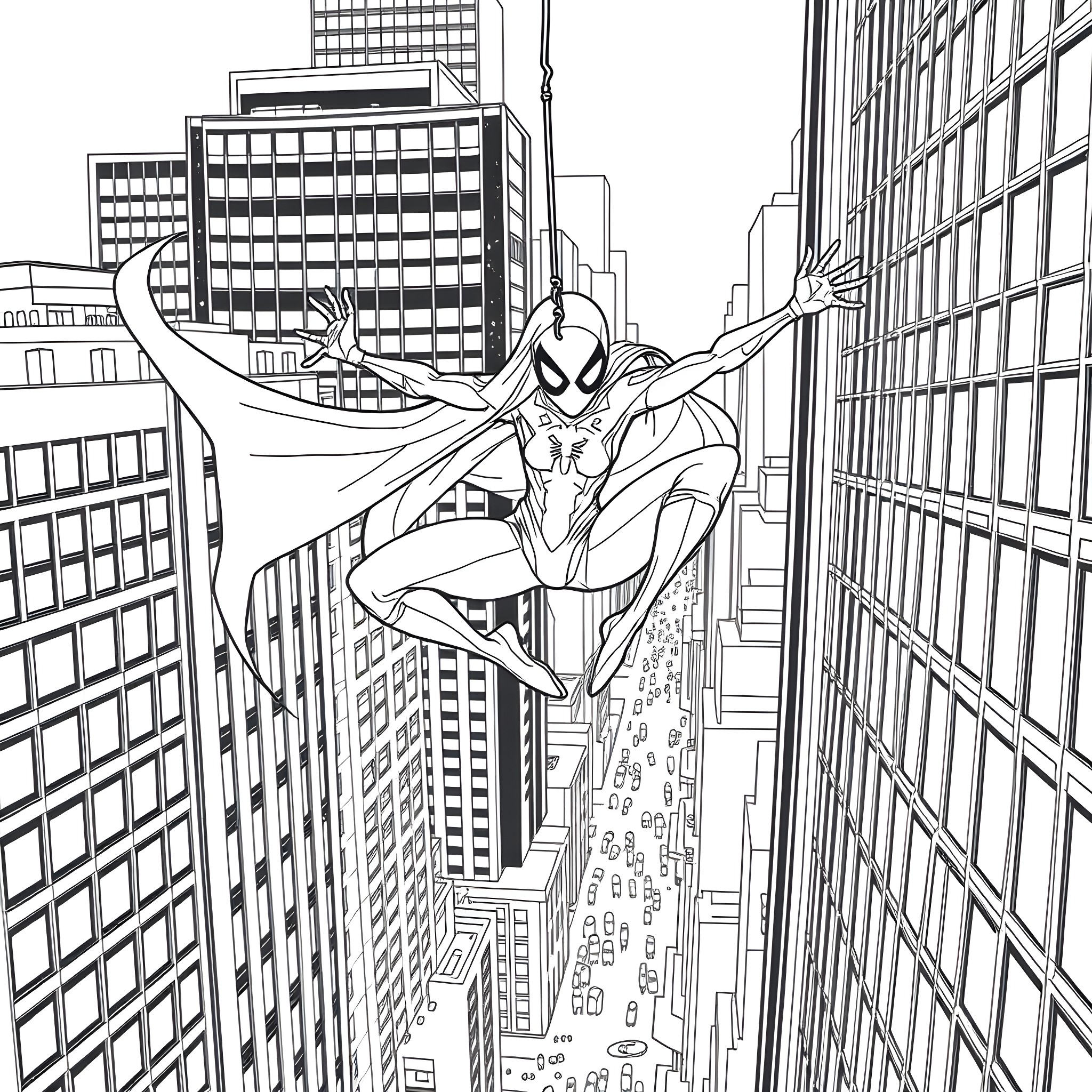 Spider-Man swinging through the city Coloring Page (free black-and-white line drawing printable PDF for all, from beginners to advanced learners, including children, teens, adults, and seniors)