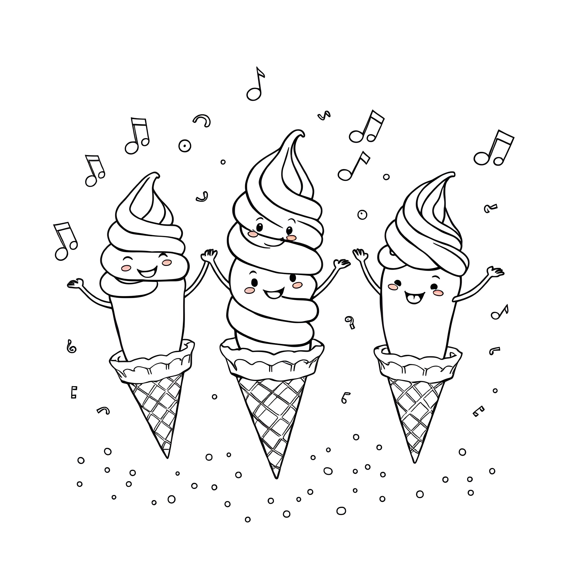 Ice Cream Cones dancing with musical notes Coloring Page (free black-and-white line drawing printable PDF for all, from beginners to advanced learners, including children, teens, adults, and seniors)