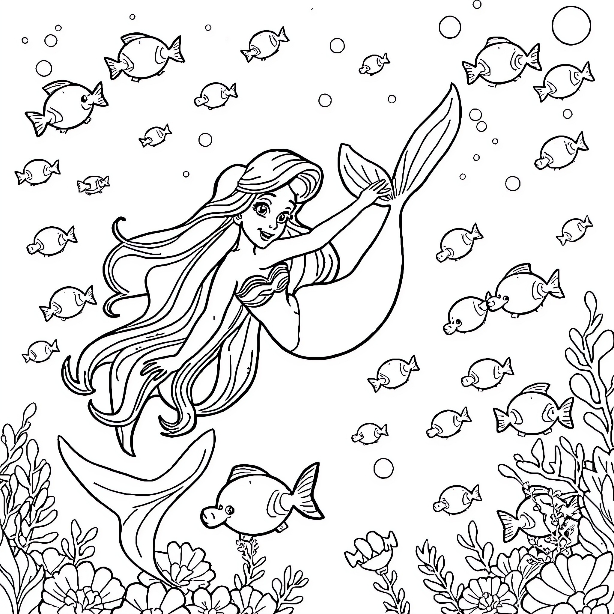 Mermaid swimming playfully with vibrant marine life Coloring Page (free black-and-white line drawing printable PDF for all, from beginners to advanced learners, including children, teens, adults, and seniors)