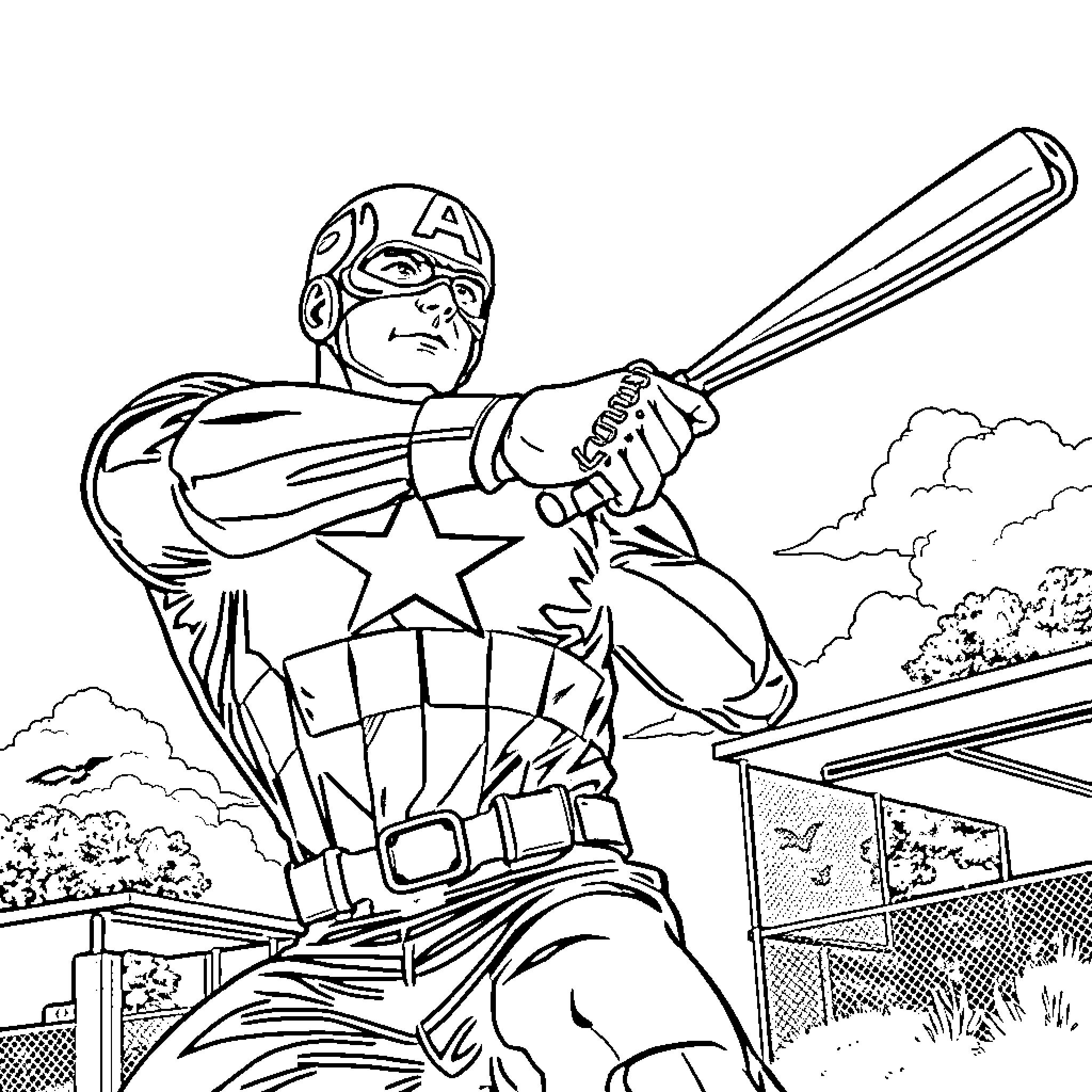 Captain America in heroic stance with baseball bat Coloring Page (free black-and-white line drawing printable PDF for all, from beginners to advanced learners, including children, teens, adults, and seniors)