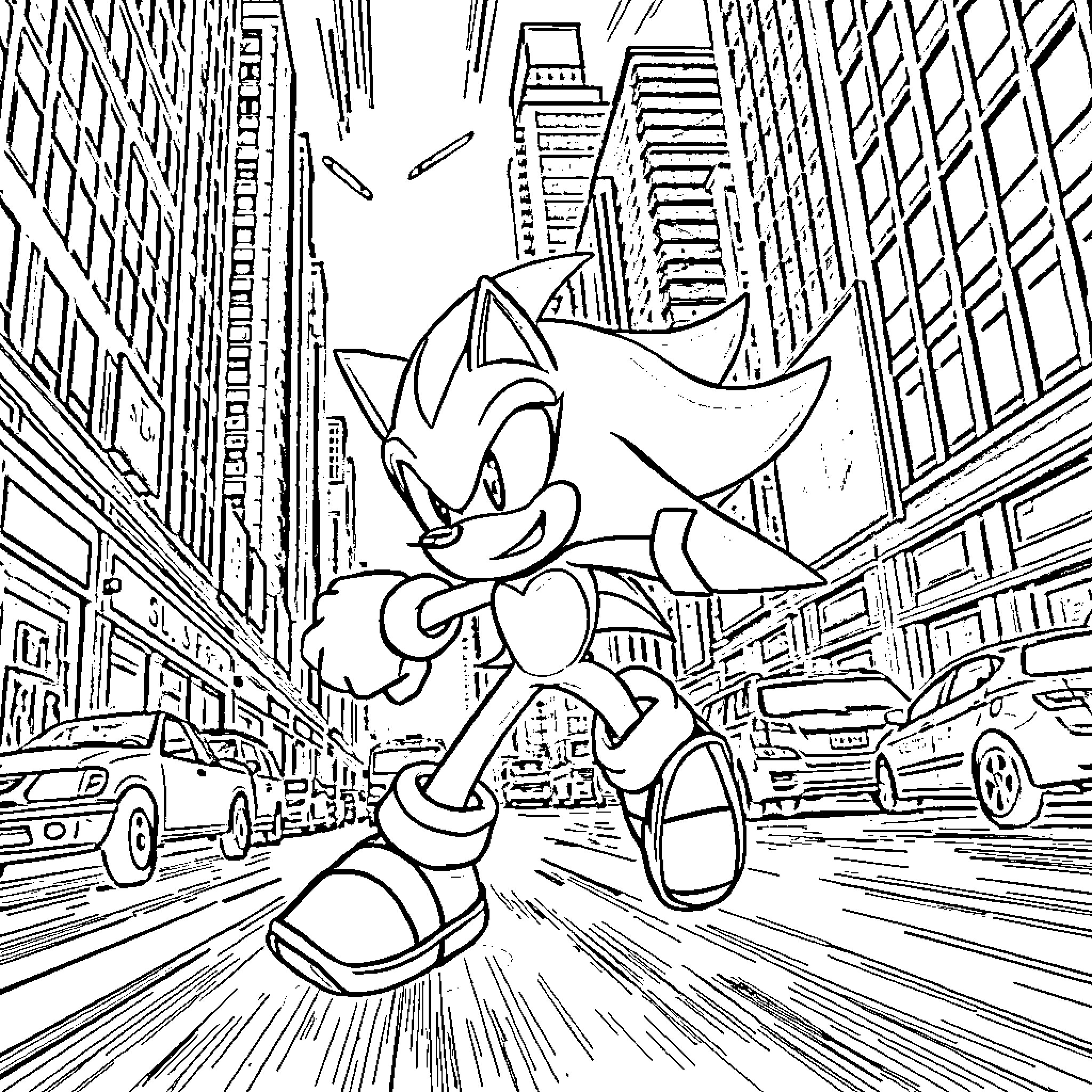 Shadow Sonic Dashing Through the City Streets Coloring Page (free black-and-white line drawing printable PDF for all, from beginners to advanced learners, including children, teens, adults, and seniors)